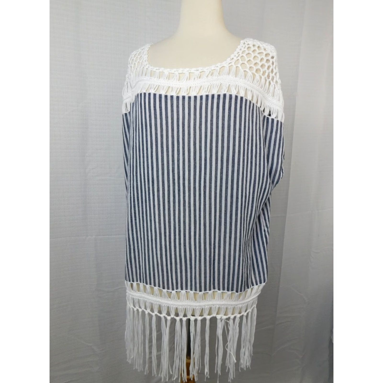Steve Madden Steve Madden Crochet Cotton Beach Tunic Swim Cover-Up Navy Stripe One Size Women Stripe Beach Cover Up Women Navy Blue Crochet Cotton Tunic Size ONE SIZE - 3 Thumbnail