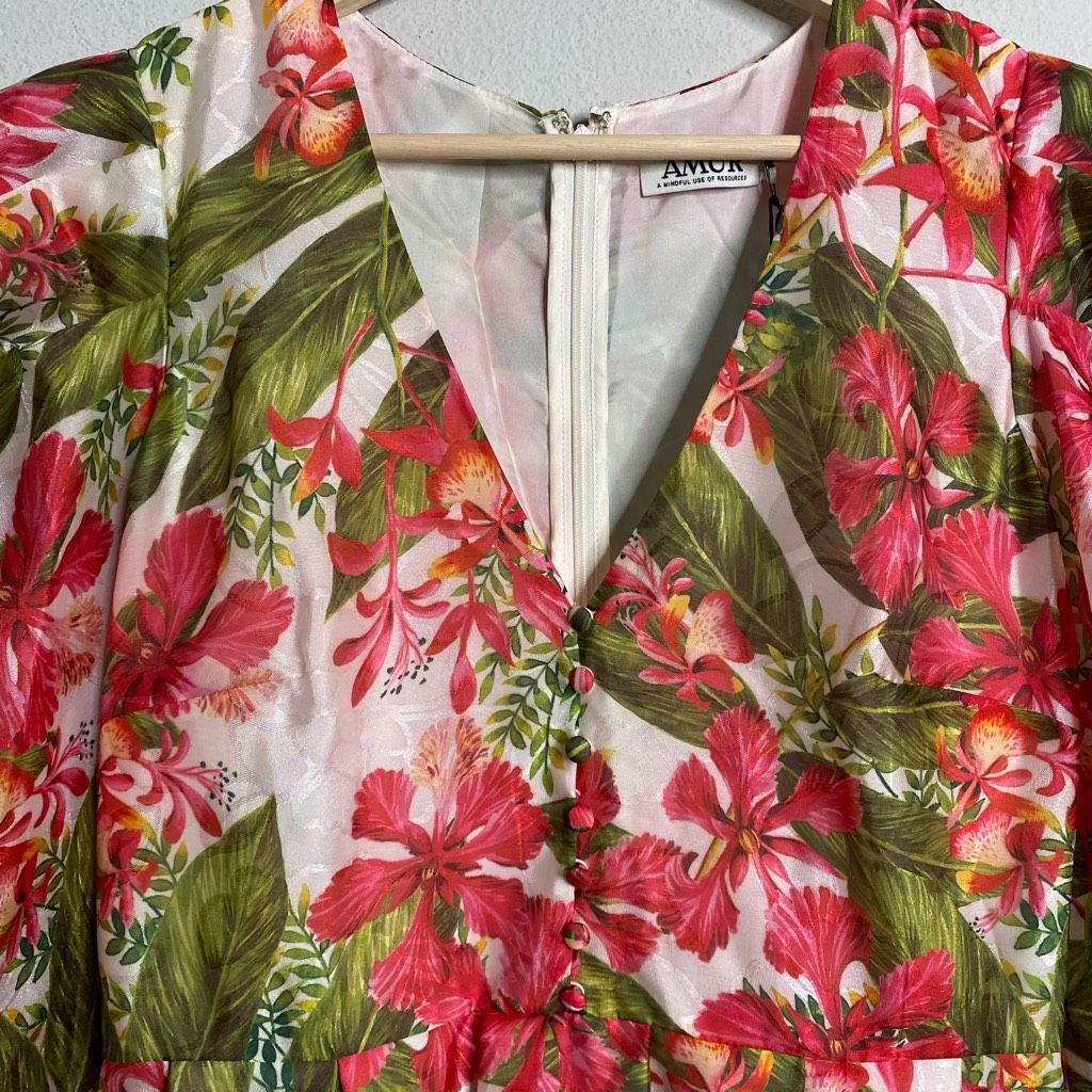 Amur NEW AMUR Dress Floral Tropical Puff Sleeve Mini Dress Red Si Size M / US 6-8 / IT 42-44 - 4 Thumbnail