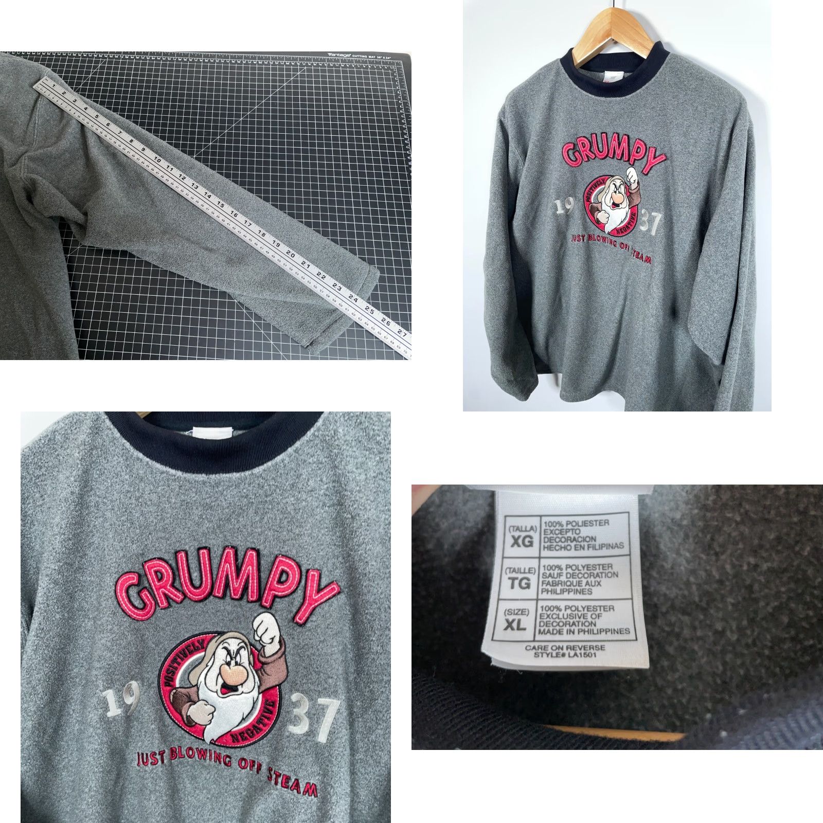 Disney Disney Snow White Grump Fleece Sweatshirt Embroidered XL Gray Polyester 100% Wool? Size US XL / EU 56 / 4 - 8 Thumbnail