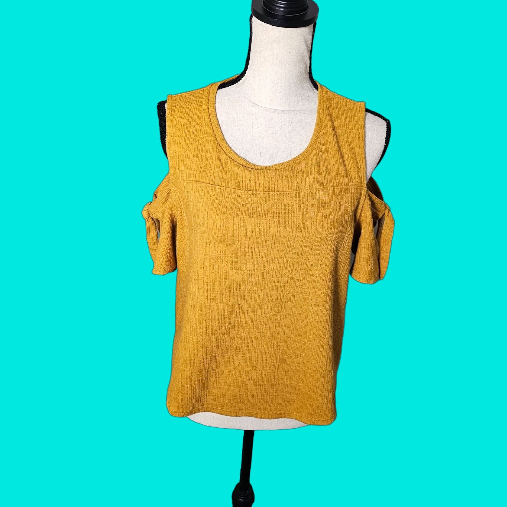 Madewell Madewell Cropped Blouse Women's L Off Shoulder Round Neck Yellow Mustard Textured Blouse Cropped Size L / US 10 / IT 46 - 1 Thumbnail