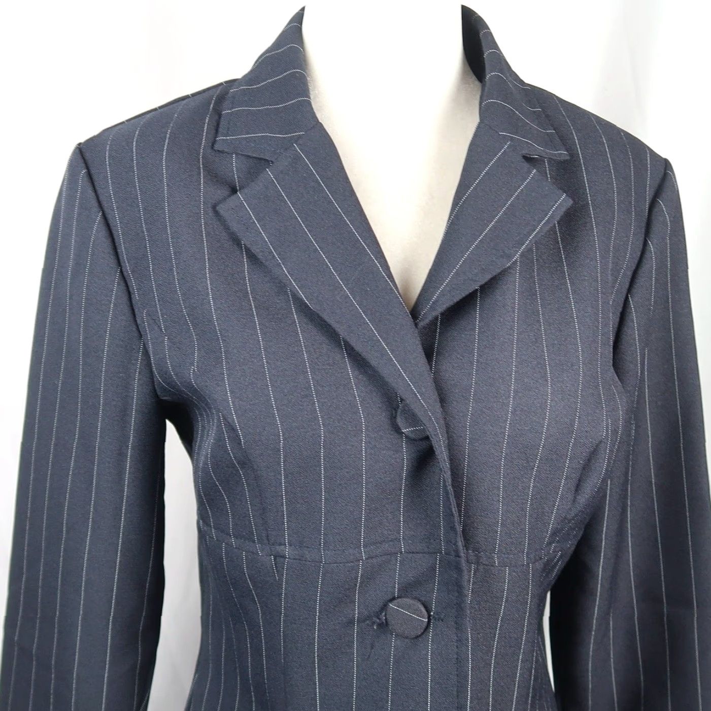 Paige VINTAGE Alyn Paige Blazer Jacket Longline 90s Navy Blue Pinstripe 8 Womens Blazer Size M / US 6-8 / IT 42-44 - 2 Thumbnail