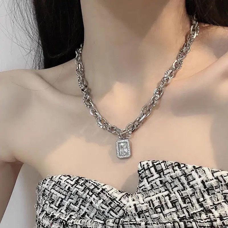 Jewelry × Vintage Hip Hop Square Zircon Necklace Titanium Steel Pendant Size ONE SIZE - 3 Thumbnail