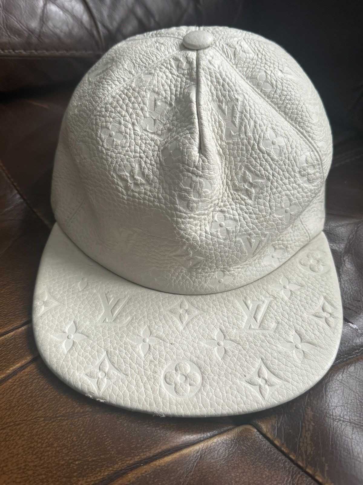 image of Louis Vuitton Leather Cap in White, Men's (Size 36)