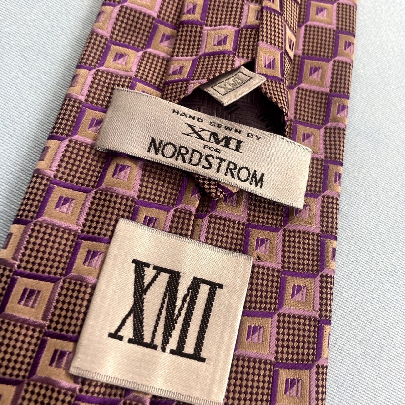 Vintage VINTAGE XMI Tie Geometric Designer Silk 100% Silk Purple Pink Gold Men Classic 57"-60" EUC Size ONE SIZE - 6 Thumbnail