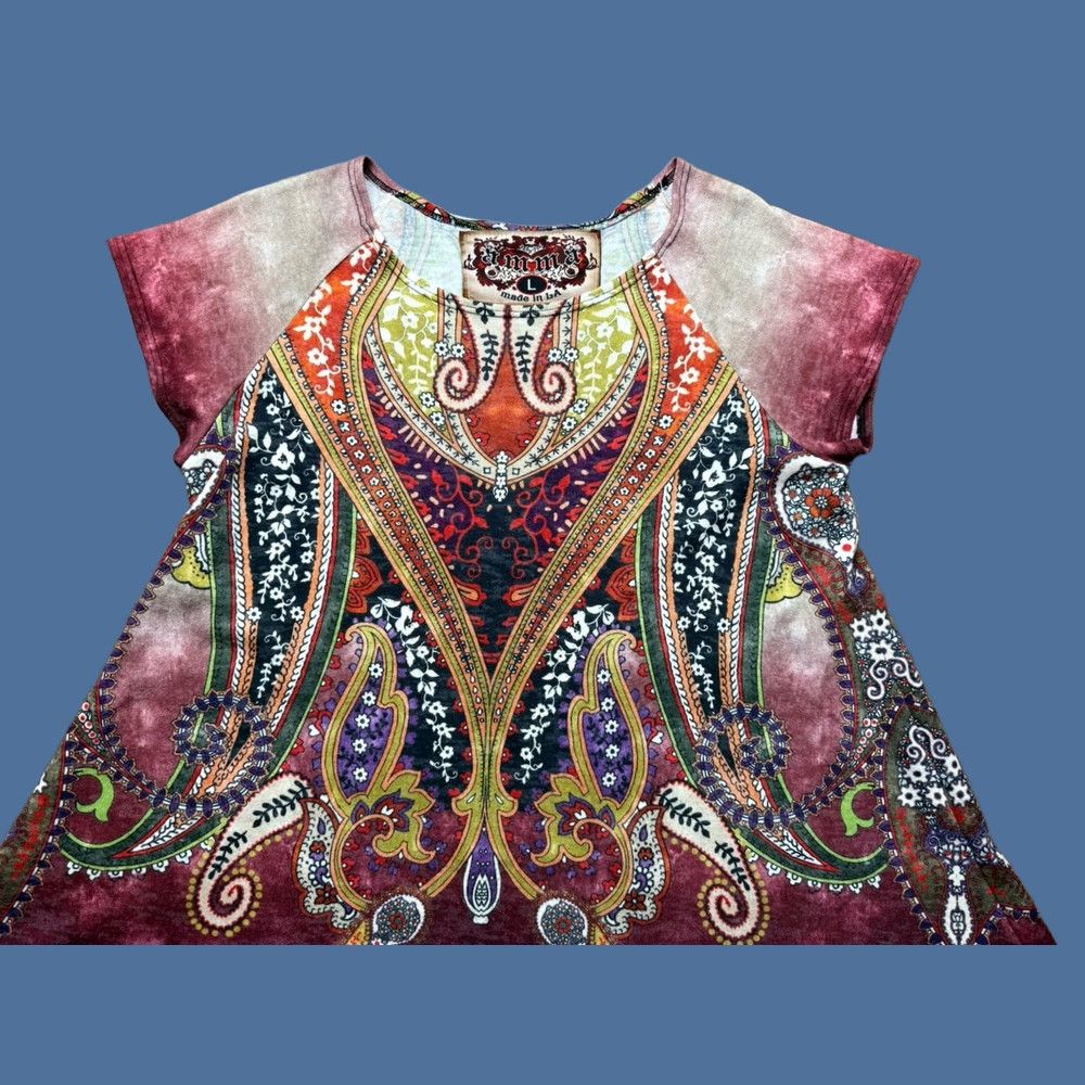 4SDESIGNS AMMA Designs Made In LA Tunic Style Top Women’s Short Sleeve Artsy L Multicolor Paisley Tunic Womens Size L / US 10 / IT 46 - 1 Thumbnail