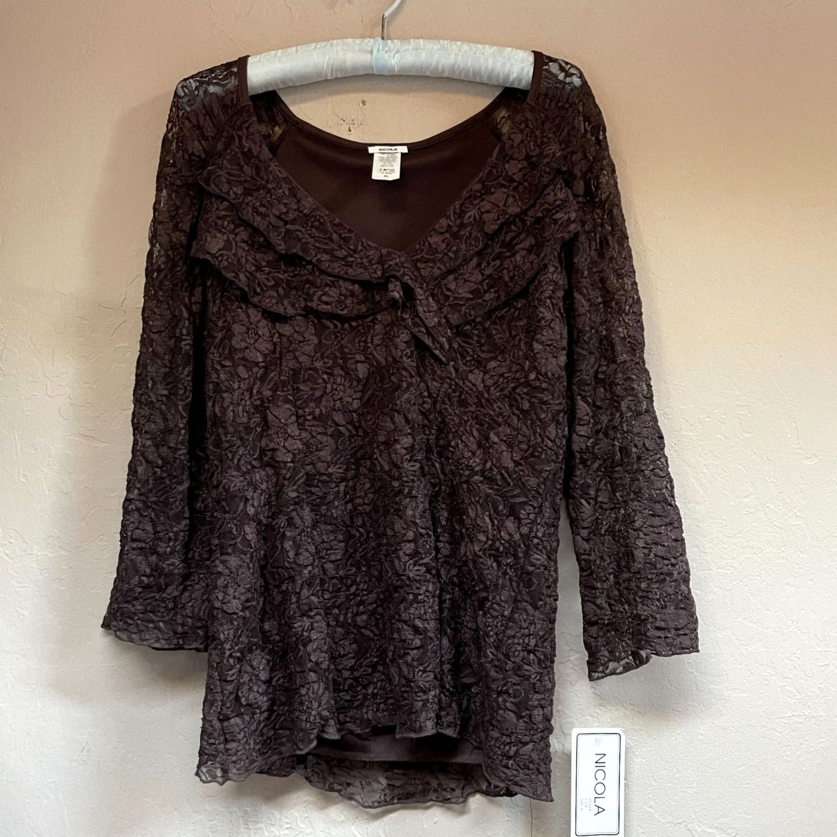 Vintage Nicola Women's 3/4 Sleeve Sheer Top Ruffle Neck Blouse XL Brown Floral Shirt Size XL / US 12-14 / IT 48-50 - 2 Thumbnail
