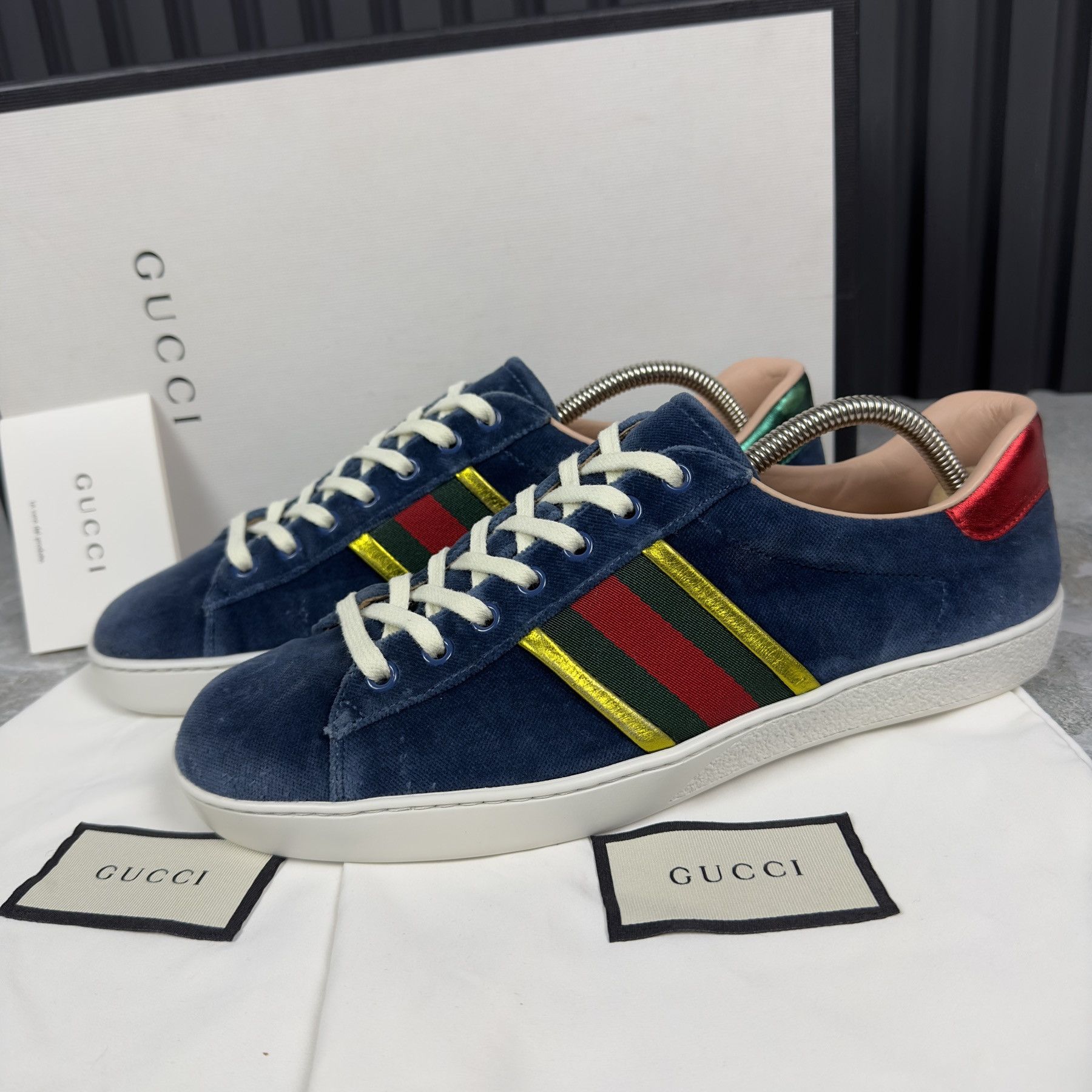 image of Gucci Ace Web Low Top Sneakers Velour 7.5 G in Blue, Men's (Size 8)