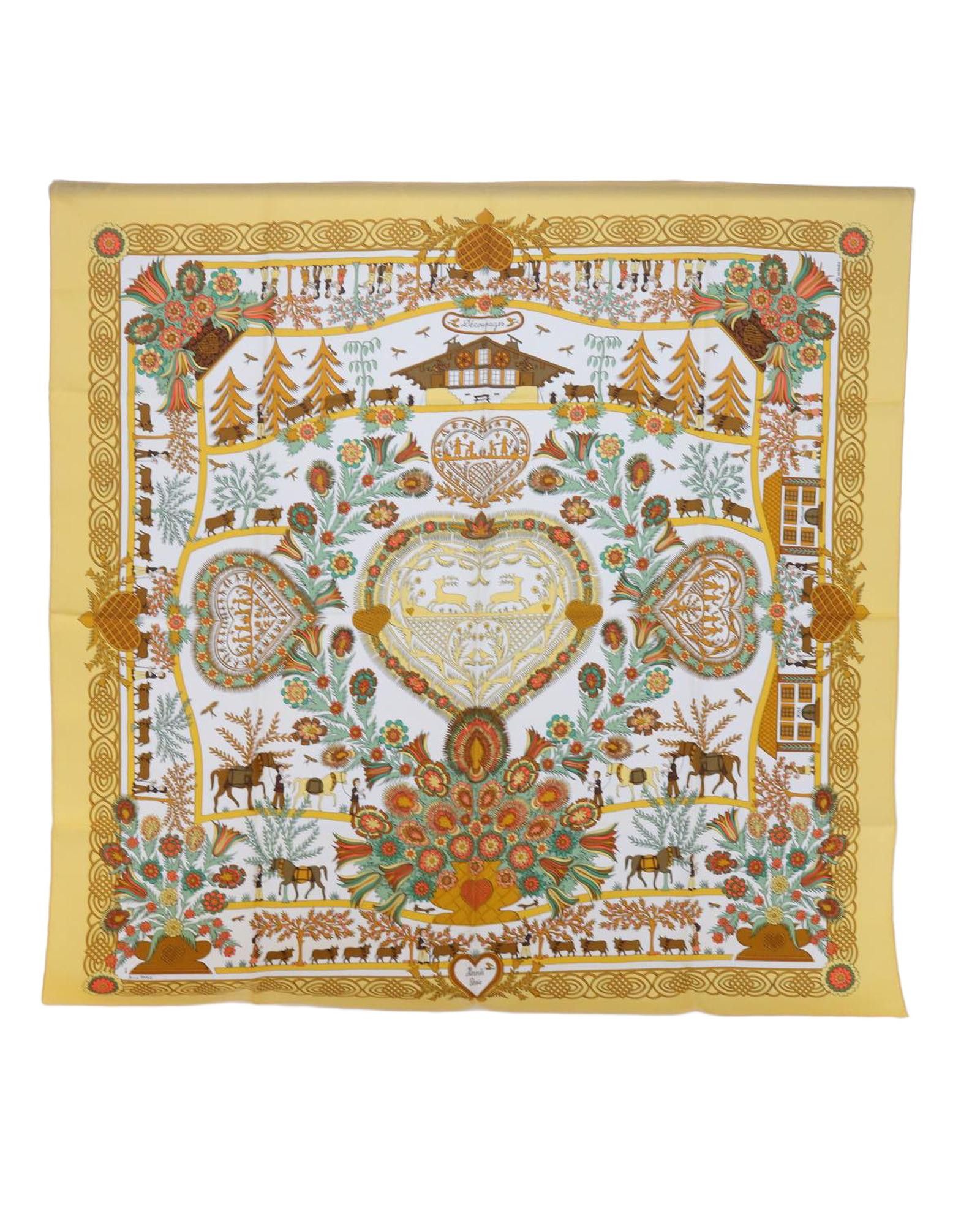 image of Orange Silk Decoupages Scarf 90X90Cm - Authentic Hermes, Women's