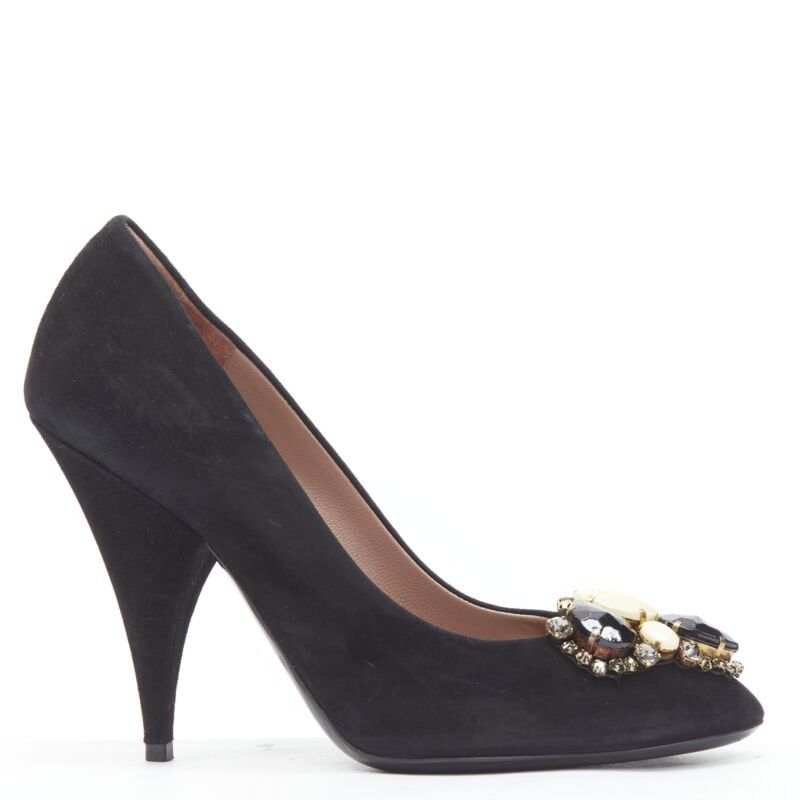 Saint Laurent Paris YVES SAINT LAURENT Charlie 105 black suede rhinestone jewel heel pump EU37.5 Size US 7.5 / IT 37.5 - 1 Thumbnail