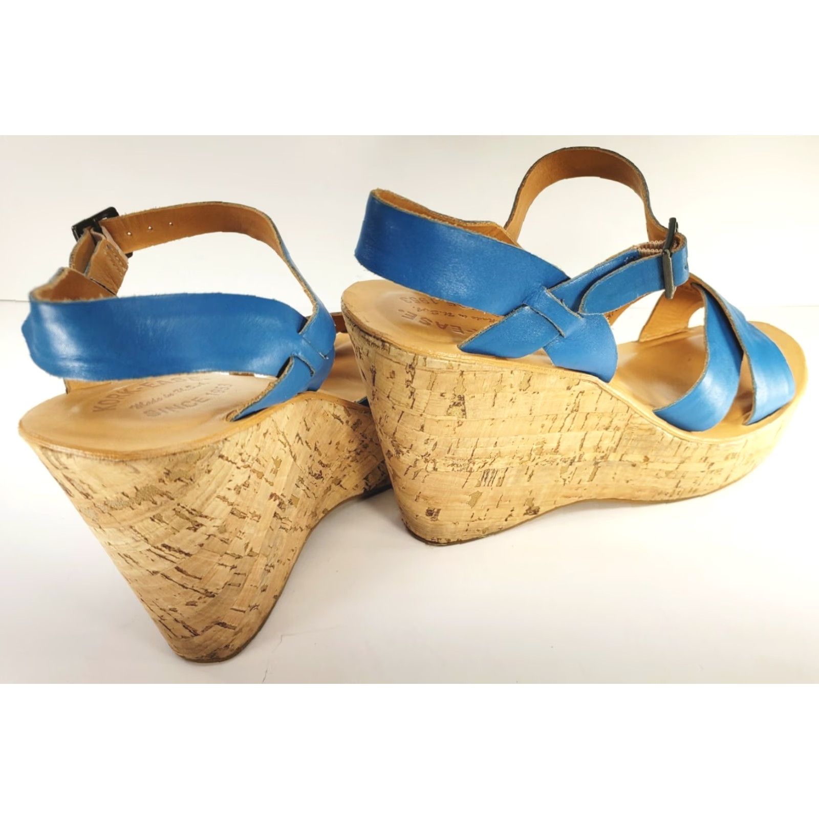 Vintage Kork-Ease Sandal Women's 9 Leather Crossover Slingback Cork Wedge Blue Buckle Sl ним Size US 9 / IT 39 - 4 Thumbnail