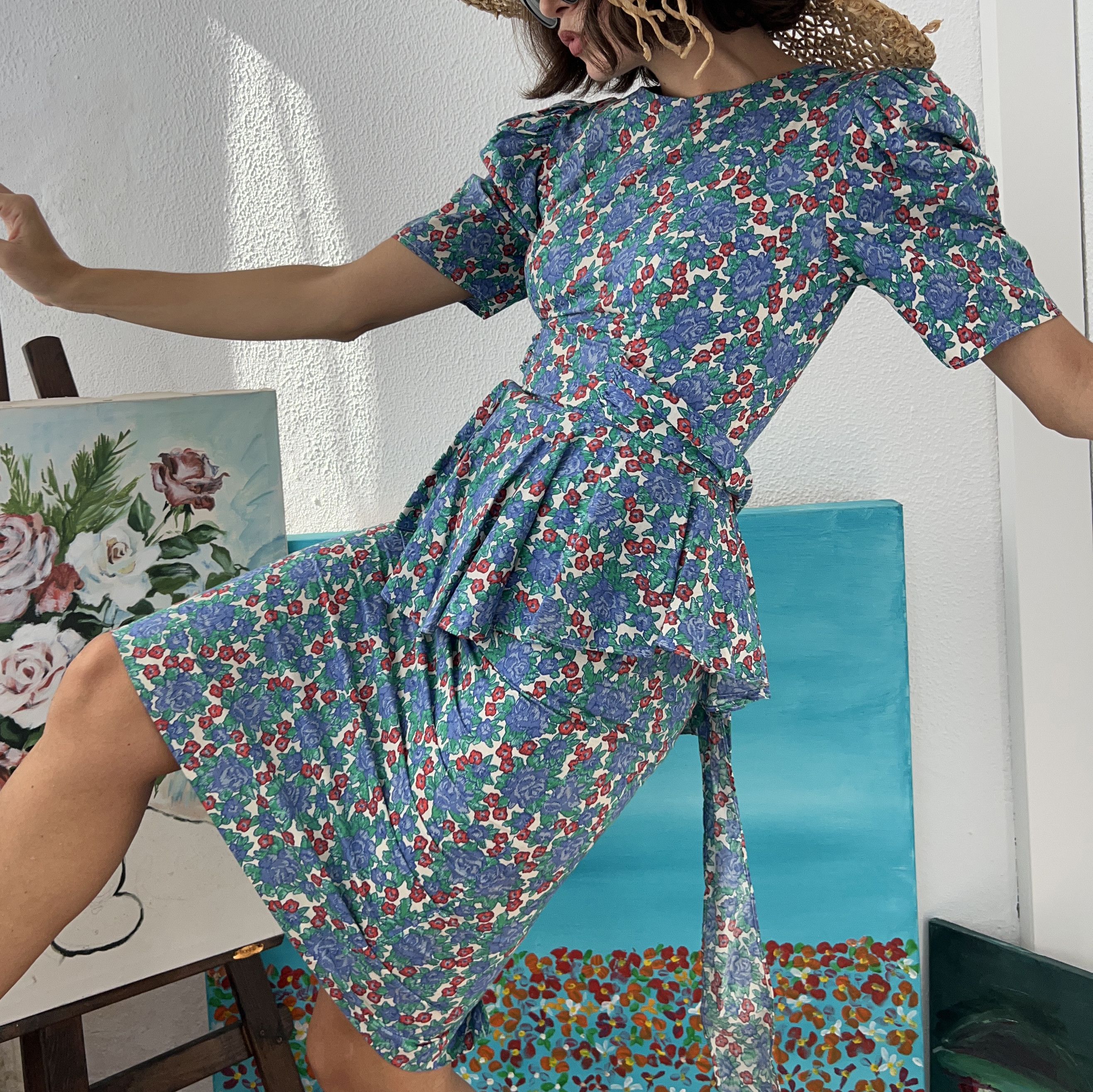 Vintage 80s Vintage Floral Cotton Midi Dress Size M / US 6-8 / IT 42-44 - 5 Thumbnail