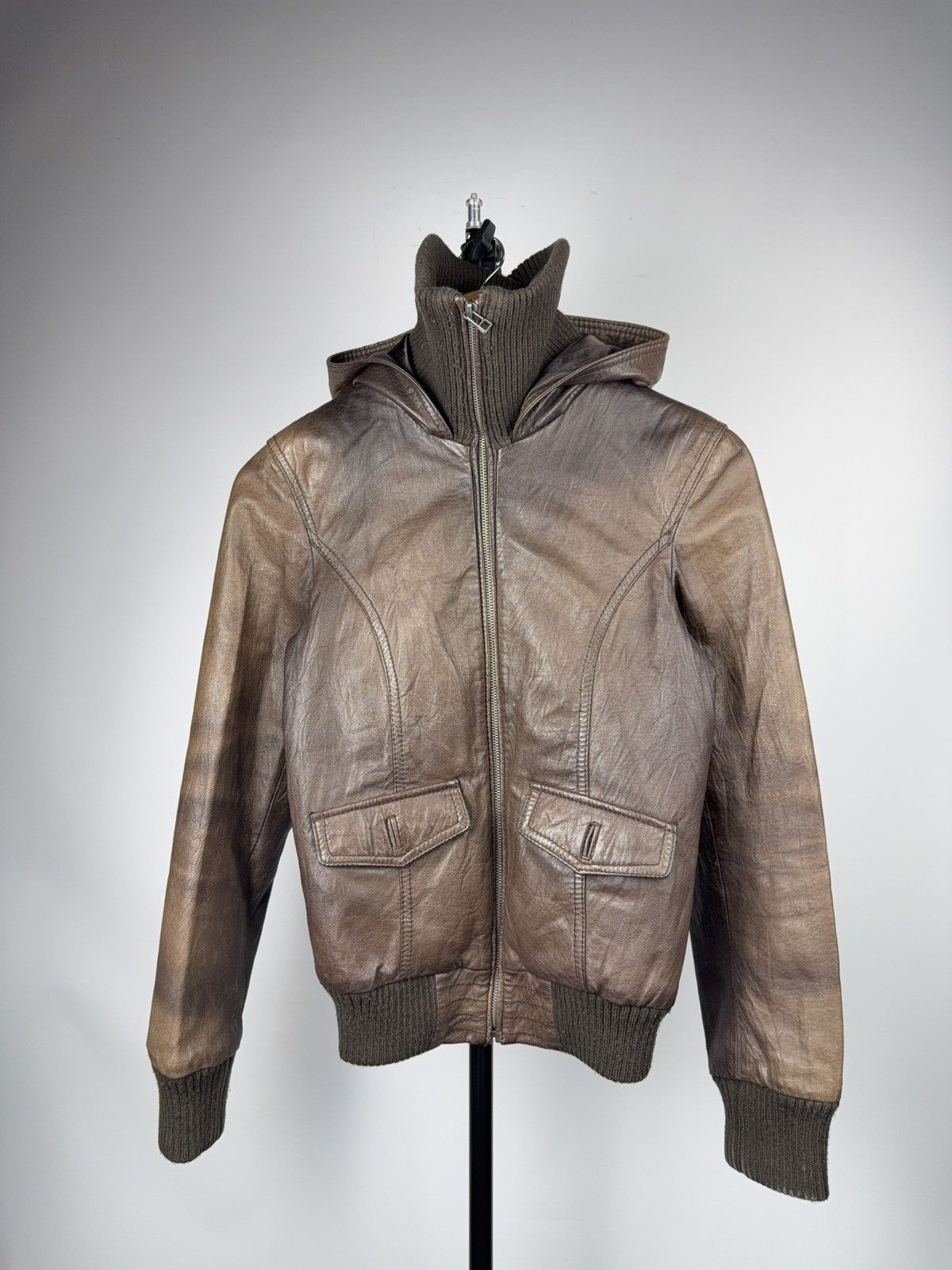 Japanese Brand 90s Retro Avant Garde Brown Leather Hooded Aviator Jacket Size XS / US 0-2 / IT 36-38 - 2 Thumbnail