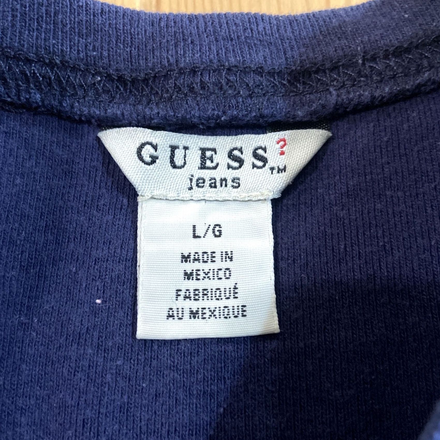 Guess VINTAGE? No. Y2k Guess Womens Top Stitched G Large Navy Blue Shirt Regular Short Sleeve Cotton Jersey Glitter Rhinestone Studded Crew Neck Bullete? Size L / US 10 / IT 46 - 3 Thumbnail