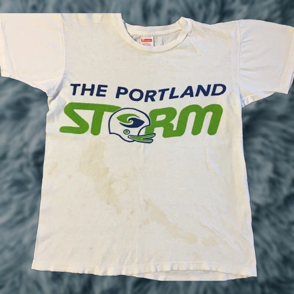 VINTAGE Champion Portland Thunder Shirt XS Men White Distressed 70s Faded Grunge World Football League