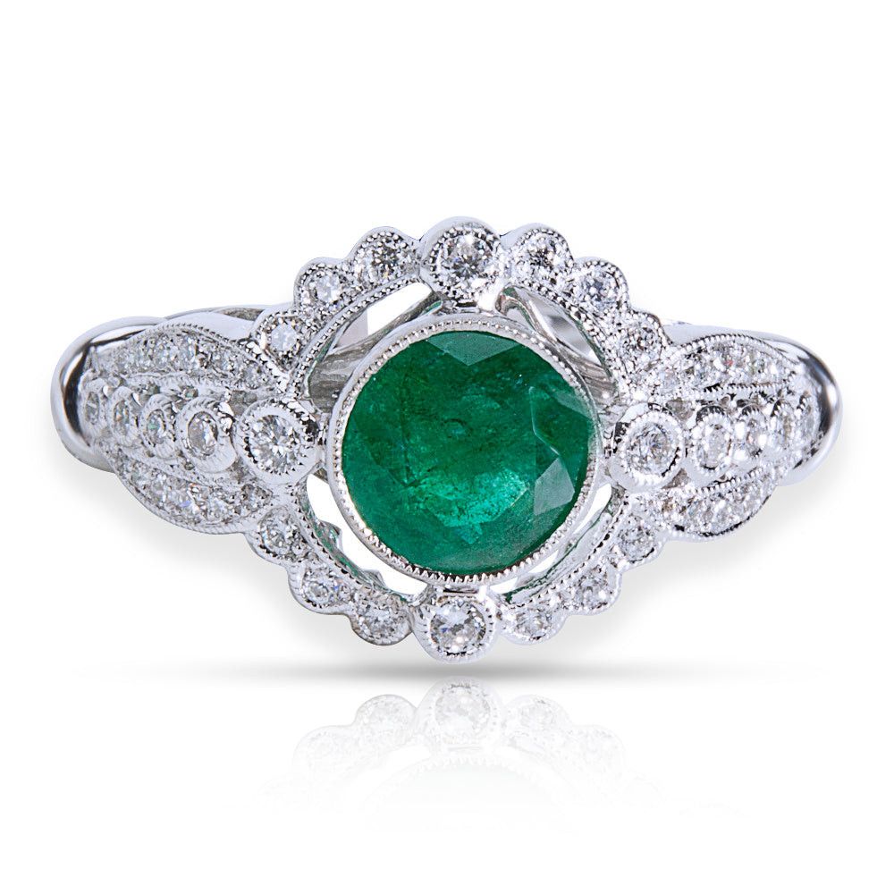 image of Tiffany Co Diamond & Emerald Vintage Style Ring 18K White Gold (0.80 Ctw), Women's