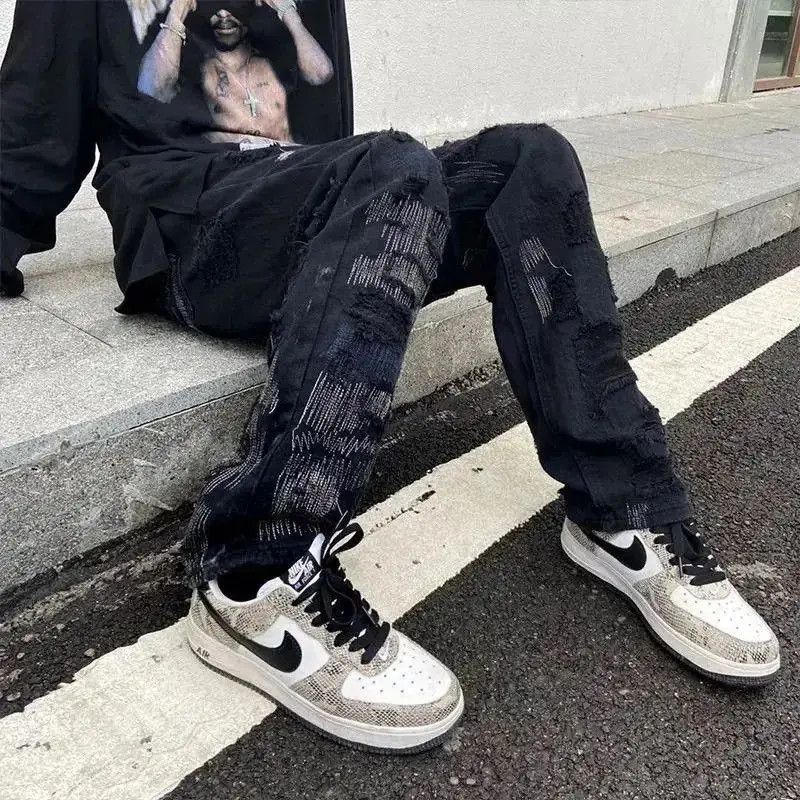 Japanese Brand Embroidered patch hole straight jeans stitching jogging pant Size US 32 / EU 48 - 3 Thumbnail