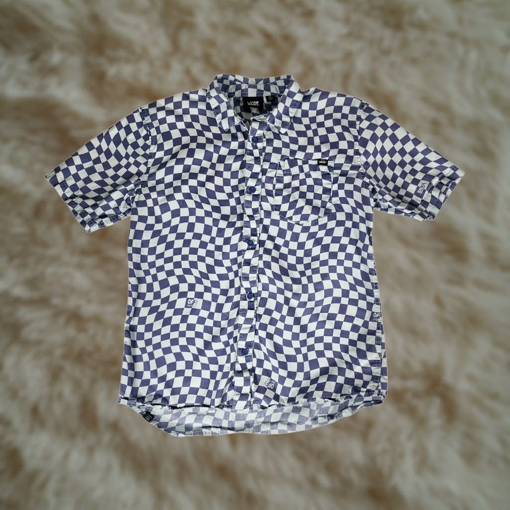 Vans VANS Warped Checkerboard Short Sleeve Button Down Shirt Blue Cotton Shirt Mens XL Blue Checkerboard Warped Pattern Casual Beach Summer Size US XL / EU 56 / 4 - 1 Thumbnail
