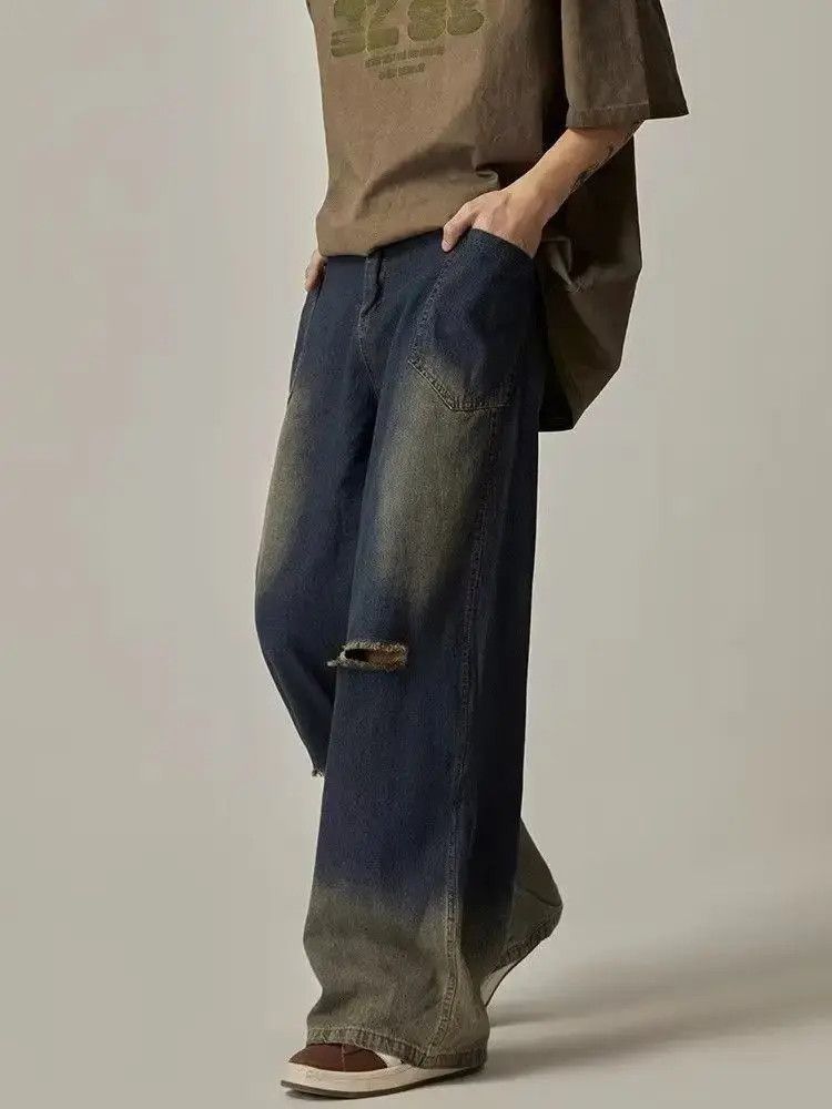 Japanese Brand Straight tube loose wide leg ripped jeans Size US 32 / EU 48 - 3 Thumbnail