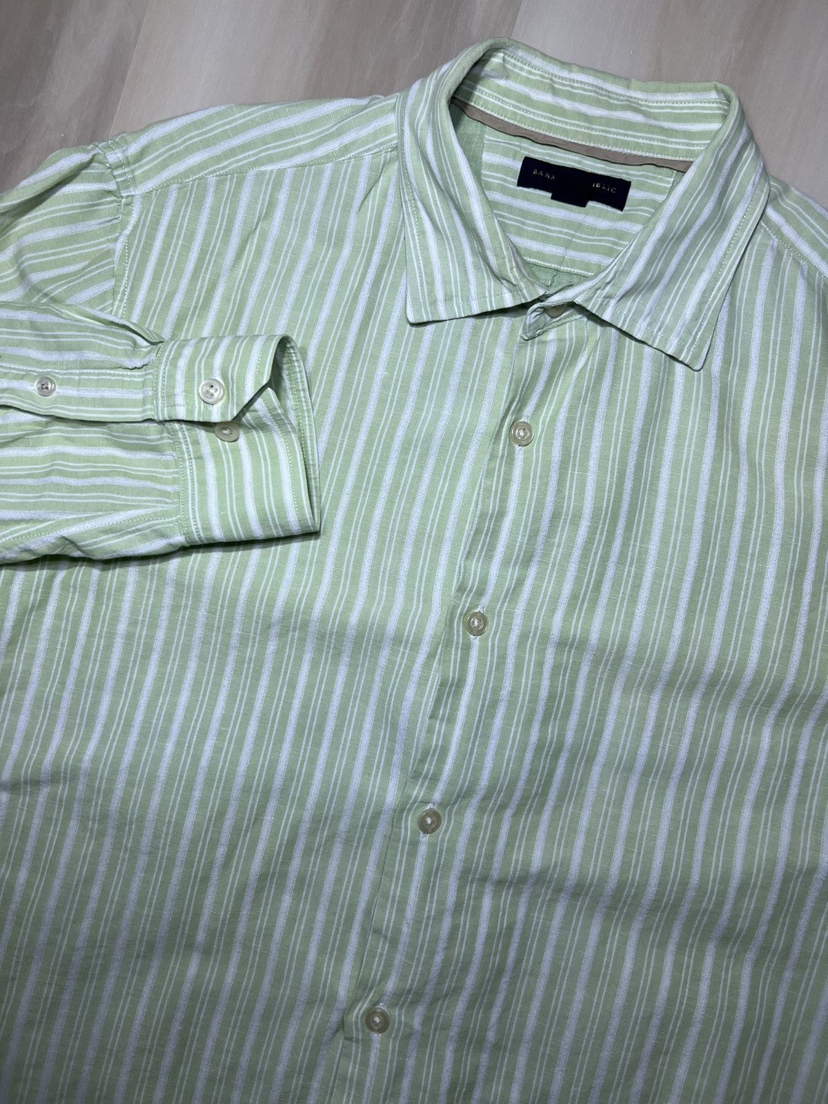 Banana Republic Banana Republic Linen Blend Green Striped Shirt Men's Sz L Size US L / EU 52-54 / 3 - 1 Thumbnail