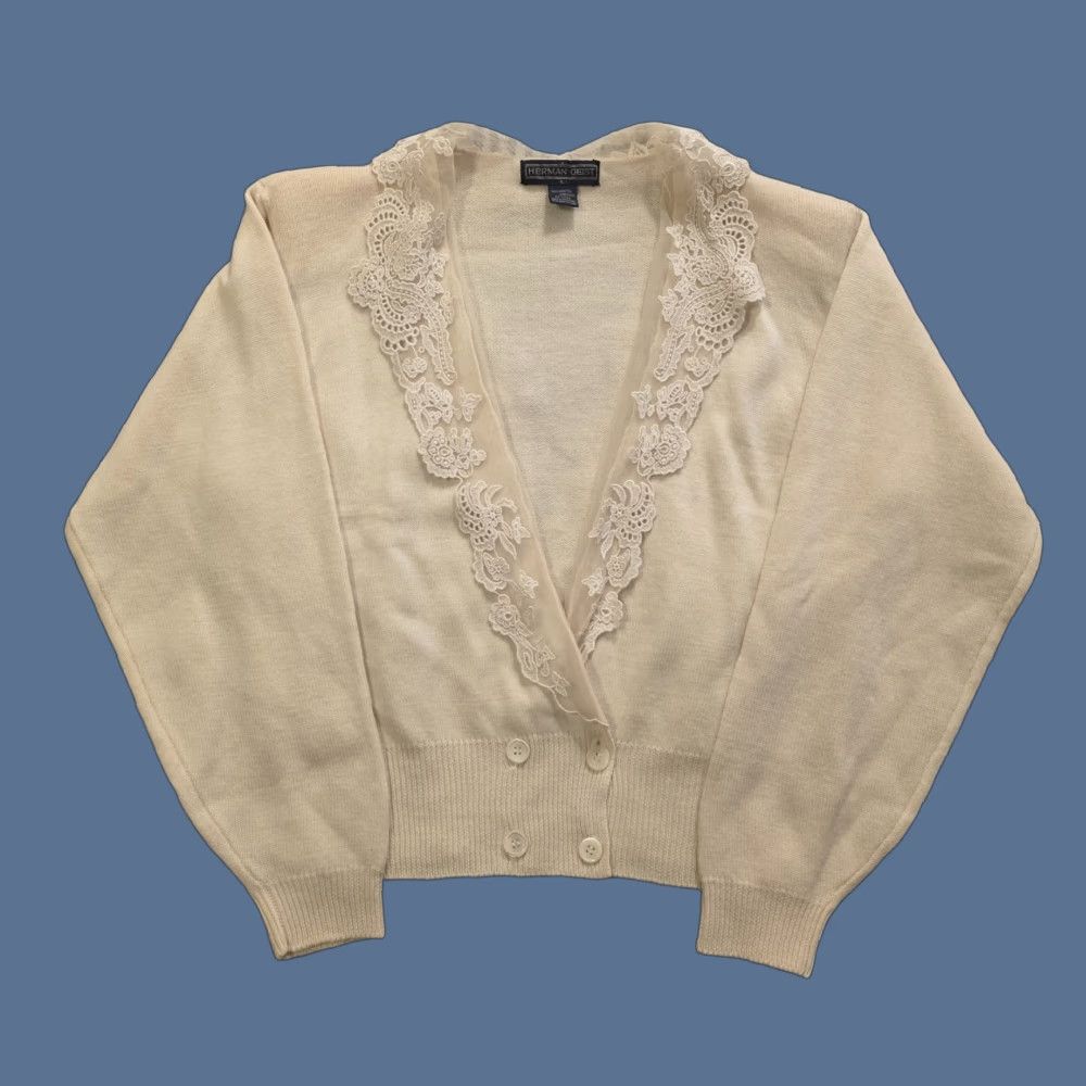 Vintage VINTAGE Herman Geist Cardigan Sweater Women L Ivory 100% Wool Lace Trim V-Neck 90s Classic Size L / US 10 / IT 46 - 1 Thumbnail