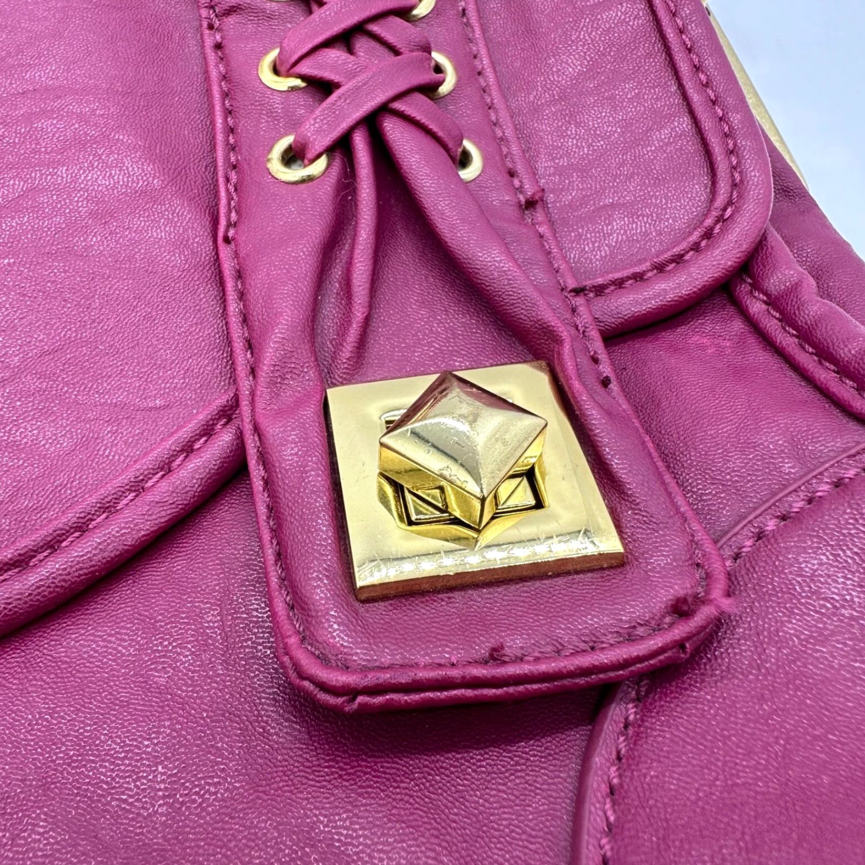 Vintage RJ Womens Crossbody Bag Purse Pink Magenta Gold Laced Faux Leather Fold Over Crossbody Size ONE SIZE - 7 Thumbnail