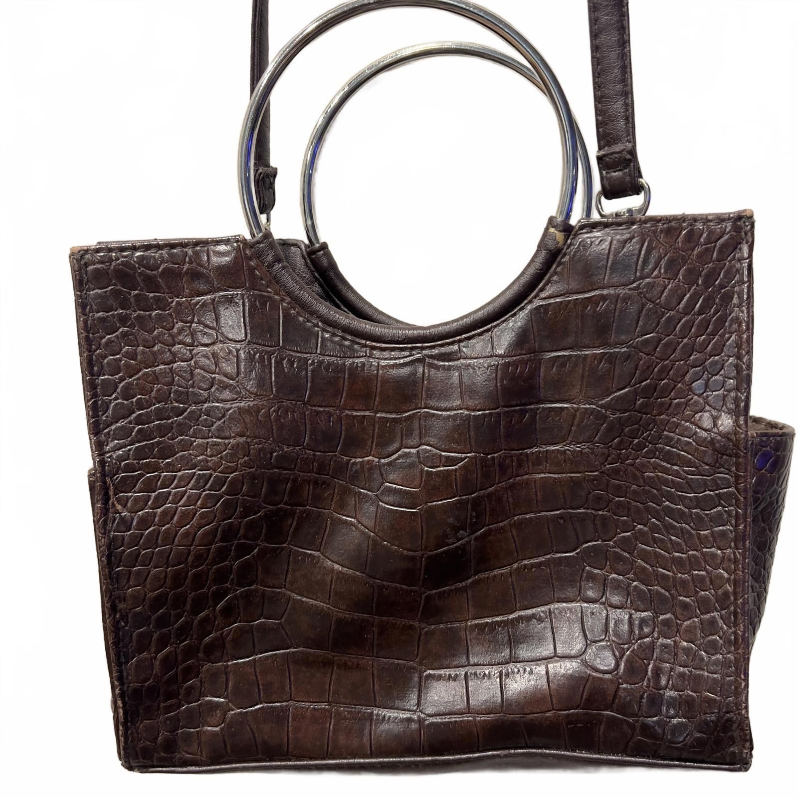 The Unbranded Brand Brown Croc-Embossed Leather Shoulder Bag with Silver Ringed- Size ONE SIZE - 1 Thumbnail
