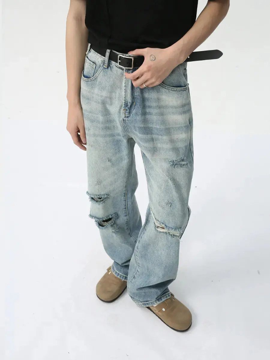 Japanese Brand Retro loose straight leg ripped jeans Size US 32 / EU 48 - 3 Thumbnail