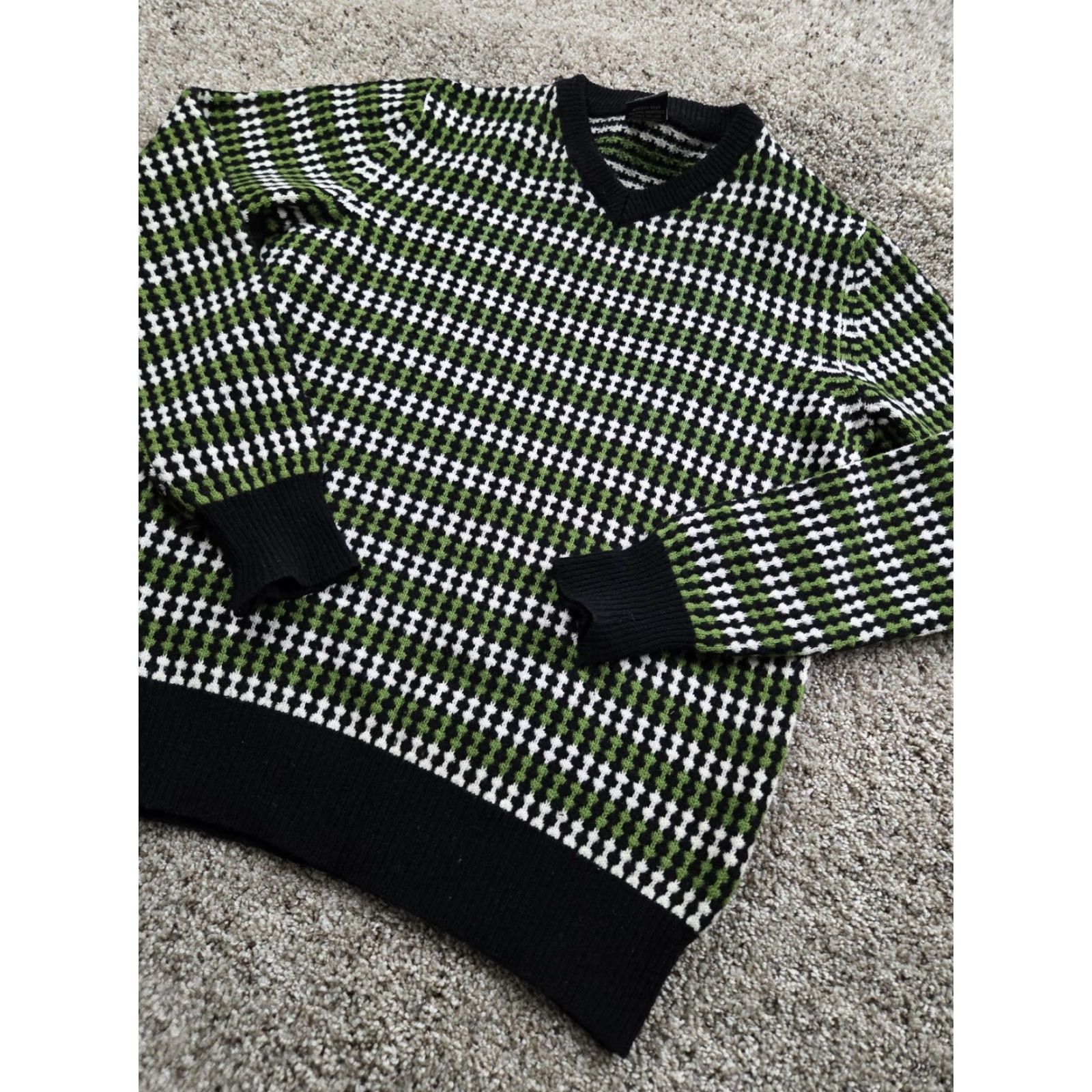 Franklin & Marshall Franklin Marshall Sweater Mens Large Green Black Wool V Neck Knit Made In Italy Size US L / EU 52-54 / 3 - 2 Thumbnail