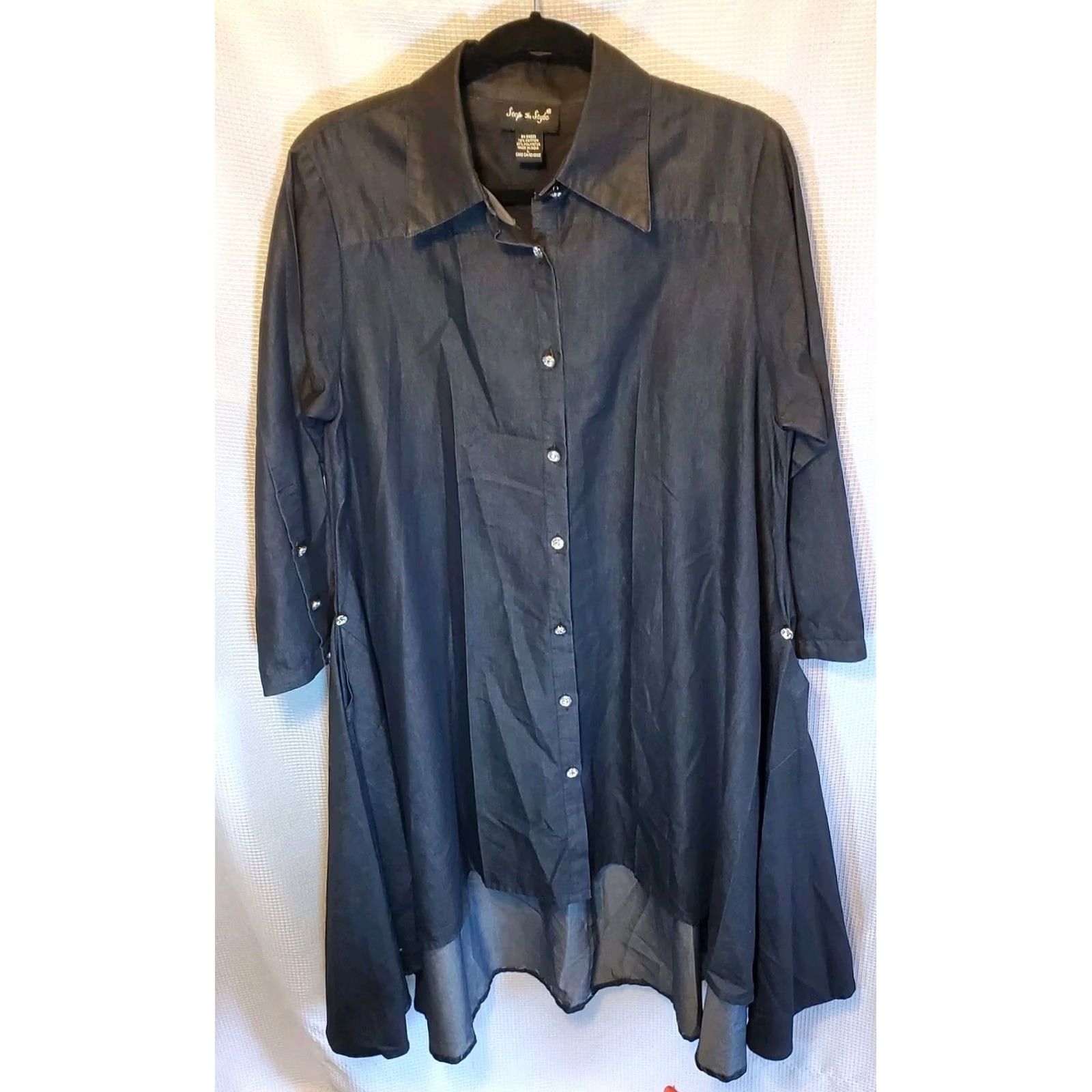 Denime Womens Chambray Denim Button Front Dress Black Pockets Hi-Lo Rhinestone Buttons Size L / US 10 / IT 46 - 2 Thumbnail
