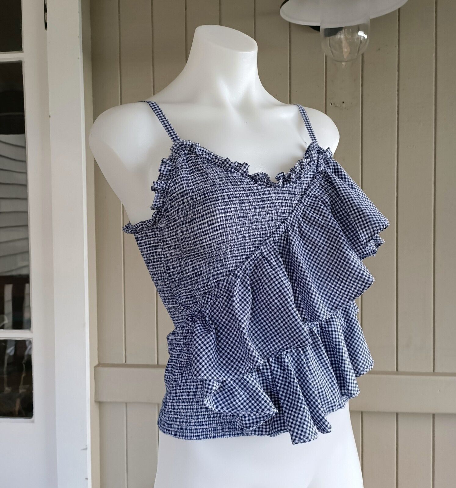 Designer Piper Cami Top Gingham Check Ruffle Cotton Tiered Shirred Size XS / US 0-2 / IT 36-38 - 2 Thumbnail