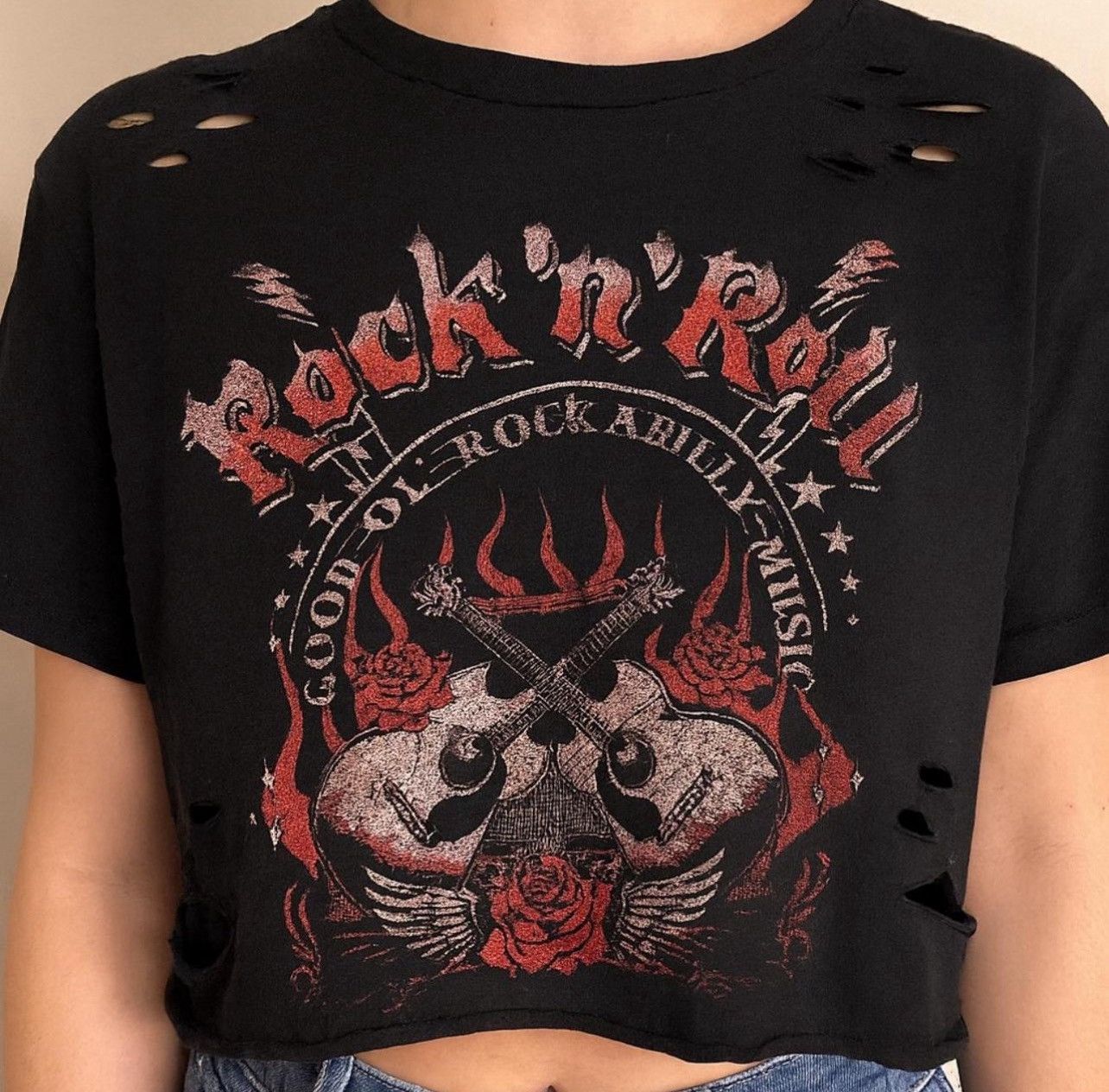 Fashion Nova Black and red cropped Rock N Roll distressed tee Size M / US 6-8 / IT 42-44 - 1 Thumbnail