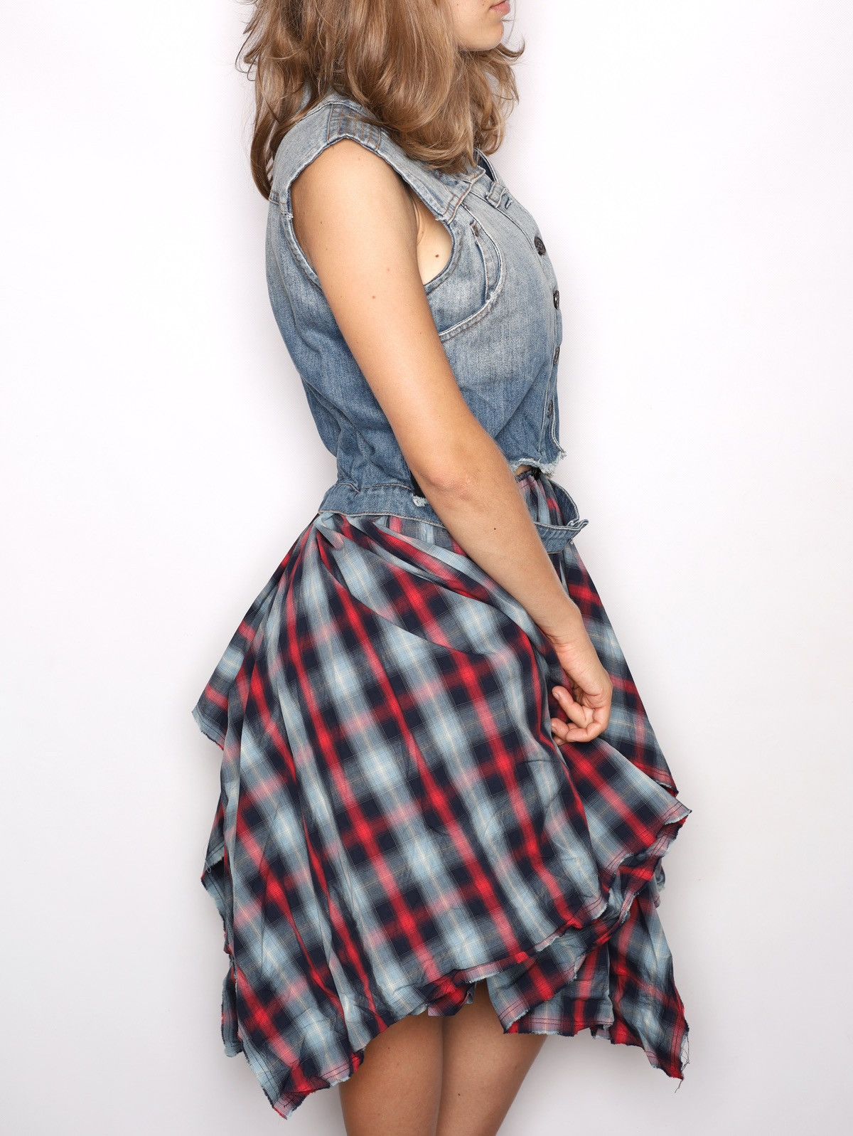 Alexander McQueen Alexander McQueen MCQ Denim Dress with Plaid Skirt Grunge Size S / US 4 / IT 40 - 4 Thumbnail
