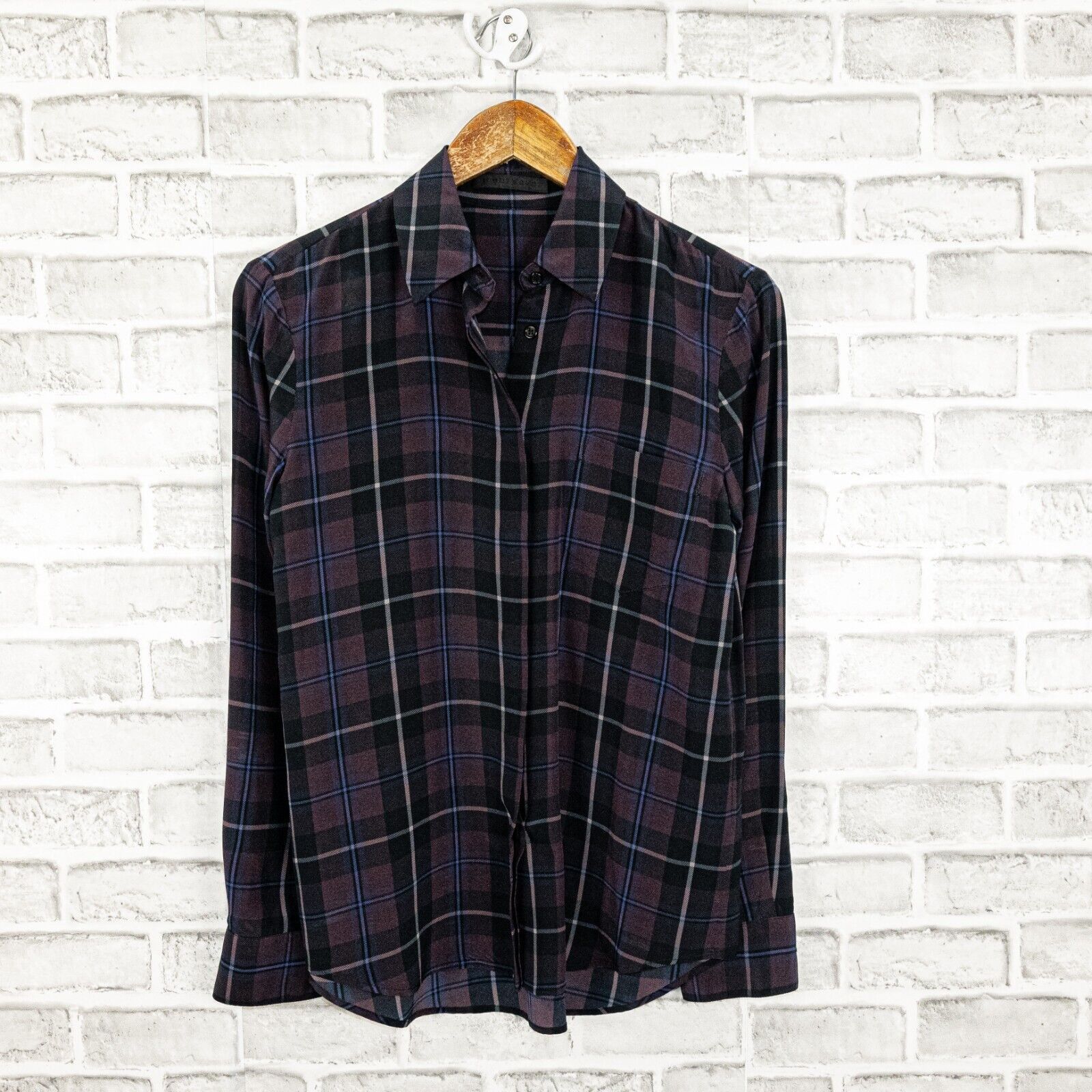 Other Jenni Kayne Silk Button up Blouse Maroon Blue Plaid Size XS / US 0-2 / IT 36-38 - 4 Thumbnail