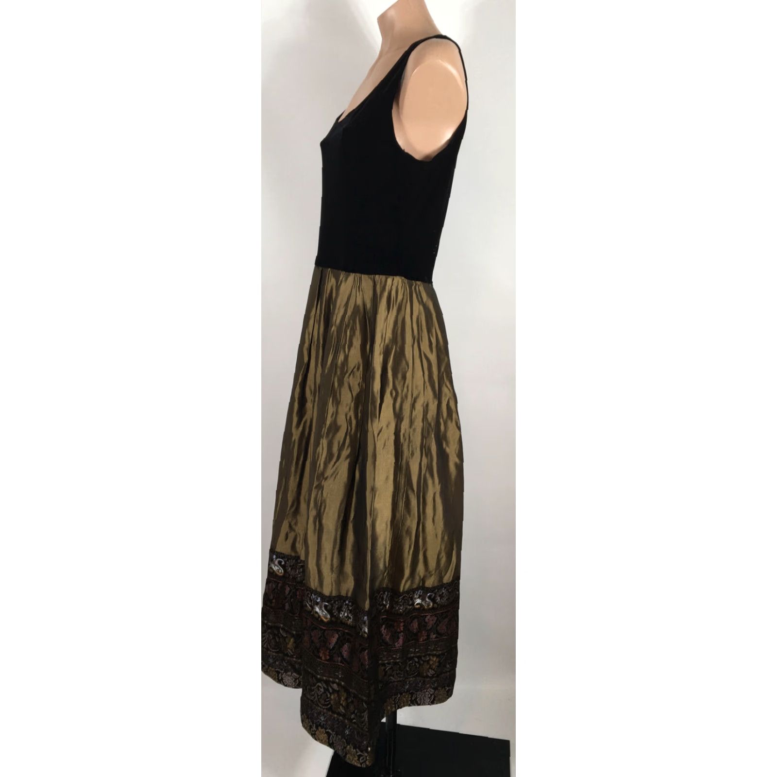 VINTAGE Patra Tafeta Dress Formal Floral Velvet Evening Gown Sleeveless Bronze Gold Maxi A-Line Long Dress