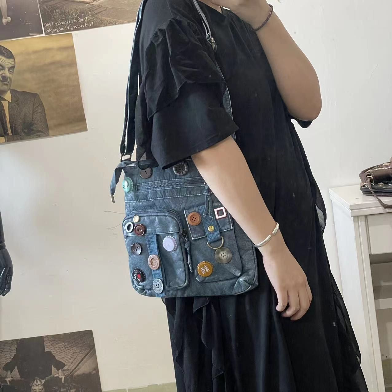 image of Patchwork Shoulder Blue Pu Leeather Shoulder Bag, Women's