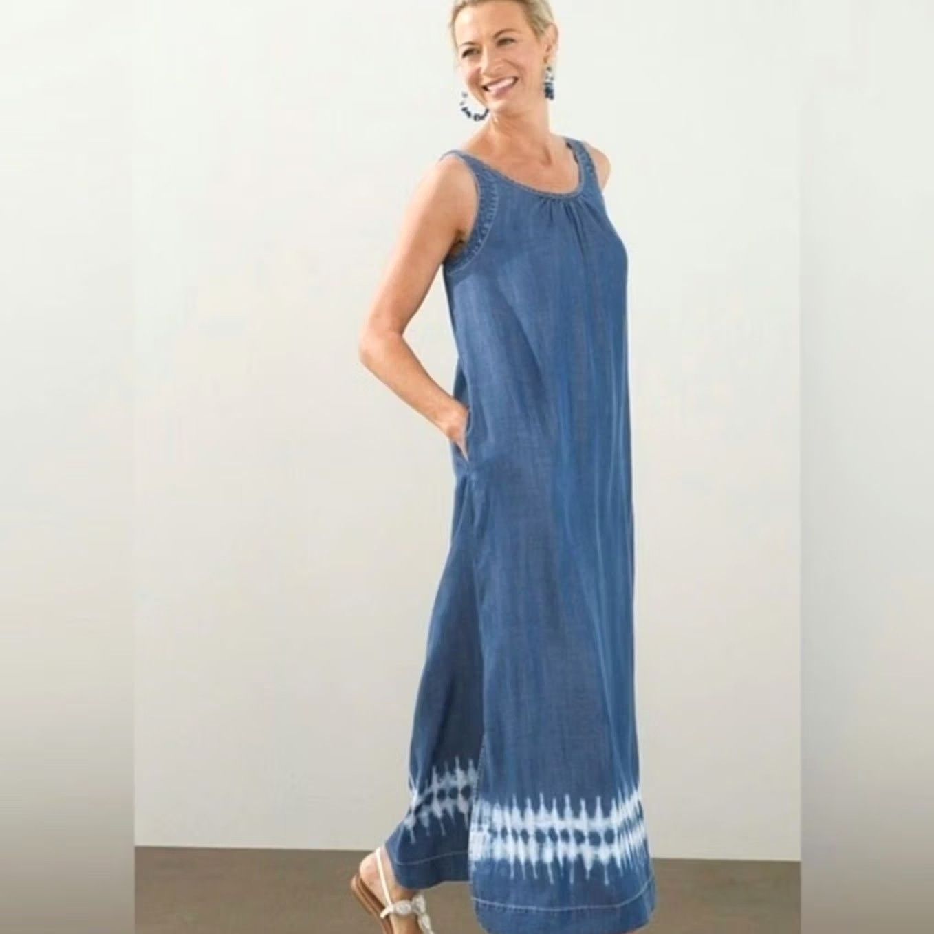 Vintage Chico's Chambray Lyocell Maxi Tank Dress Tie Dye Hem Pockets Sz M (2) Dress Women Sleeveless Long Size M / US 6-8 / IT 42-44 - 2 Thumbnail