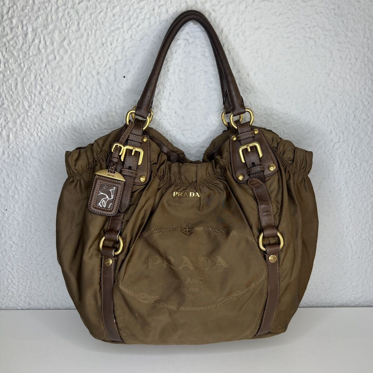 image of Avant Garde Prada Milano Shoulder Tote Bag Brown Leather Big Logo, Women's