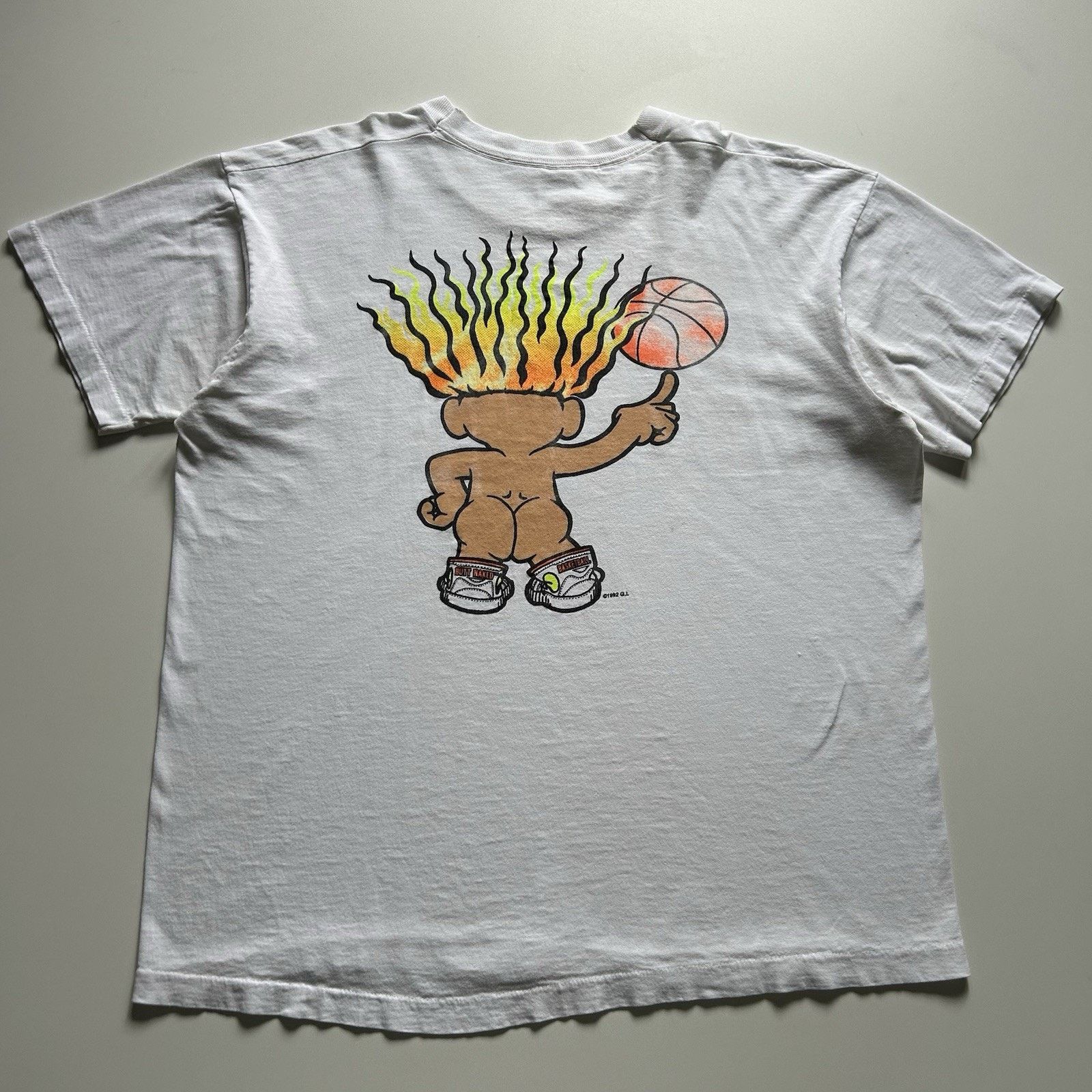 Vintage 90s Butt Naked Troll Basketball T-Shirt XL Funny Art