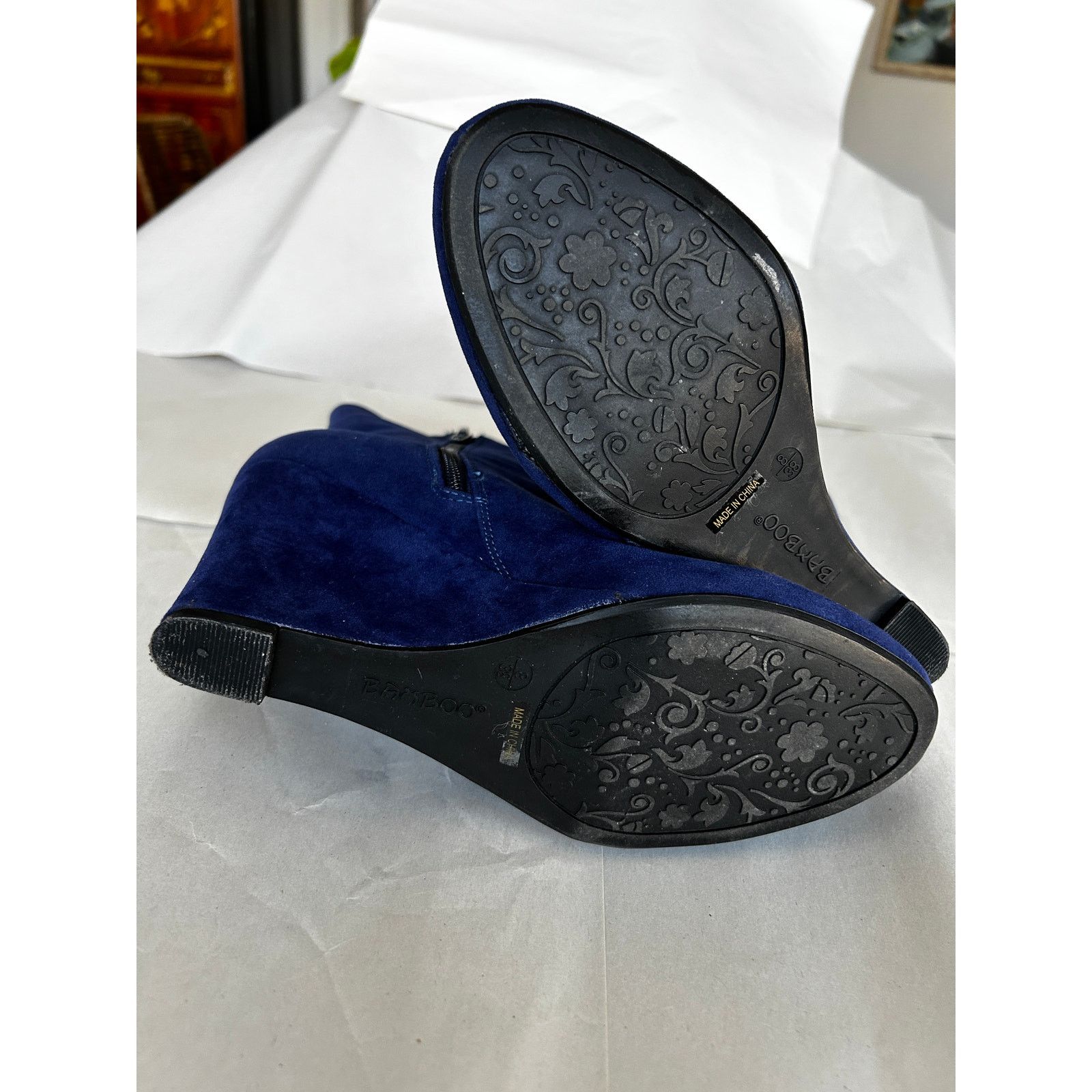 United Bamboo Blue velvet side lacing wedge heeled booties 8/38 Size US 8 / IT 38 - 5 Thumbnail