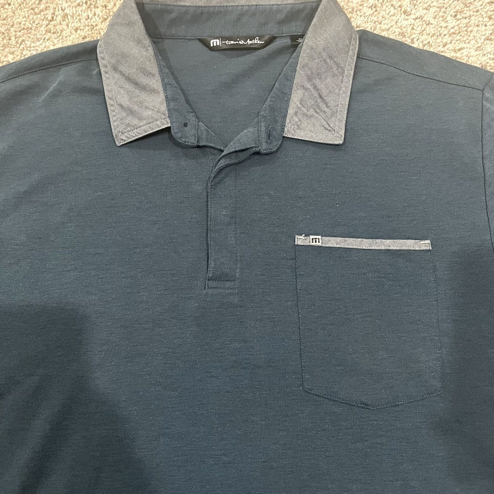 TravisMathew Travis Mathew Polo Golf Shirt Hidden Placket Navy Blue Gray Pocket Mens XL Size US XL / EU 56 / 4 - 3 Thumbnail
