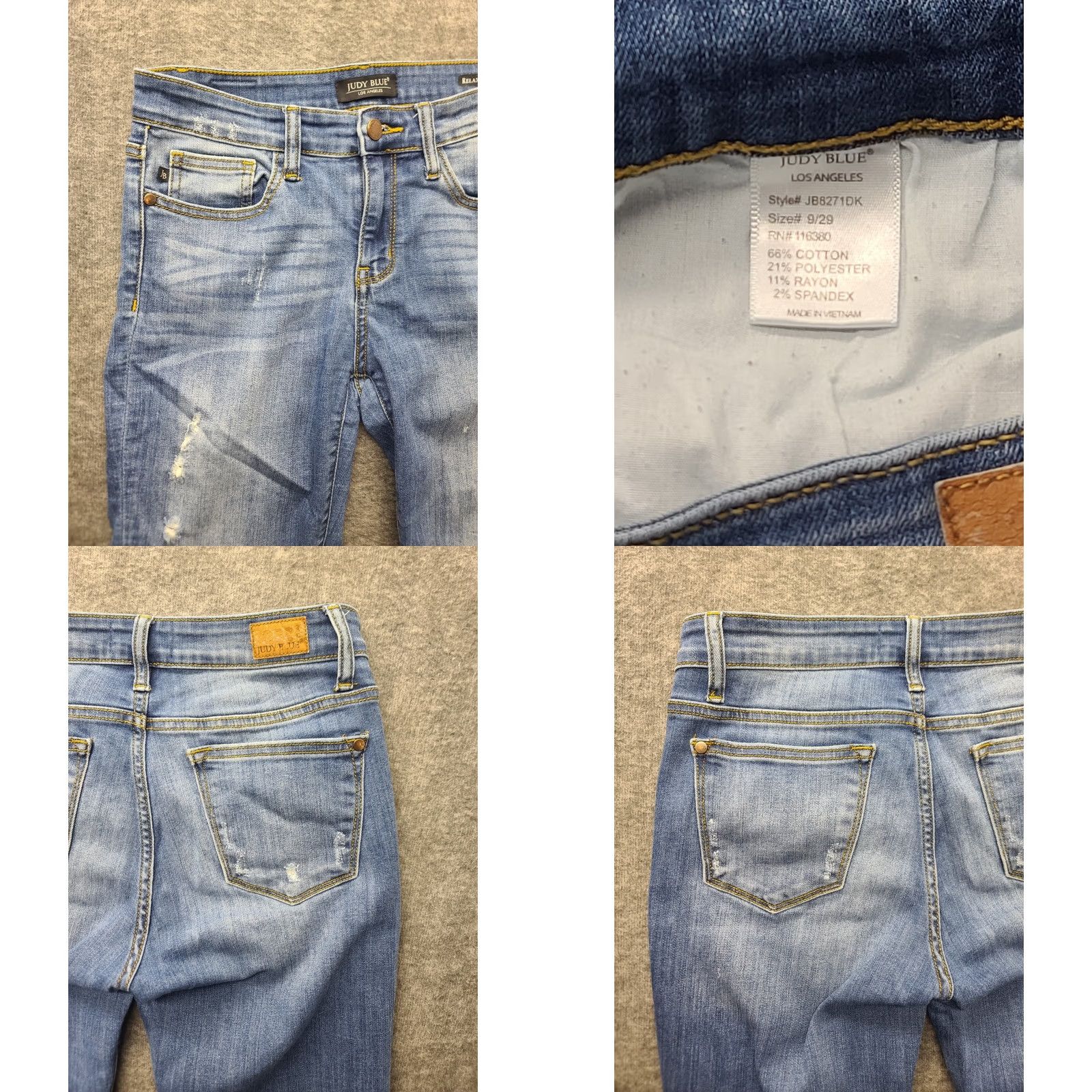 Vintage Judy Blue Jeans Womens 9 29x27 Relaxed Fit Tapered Leg Mid Rise Distressed Denim Cotton Polyester Spandex Rayon Blue Jeans Womens Size 29" - 8 Thumbnail