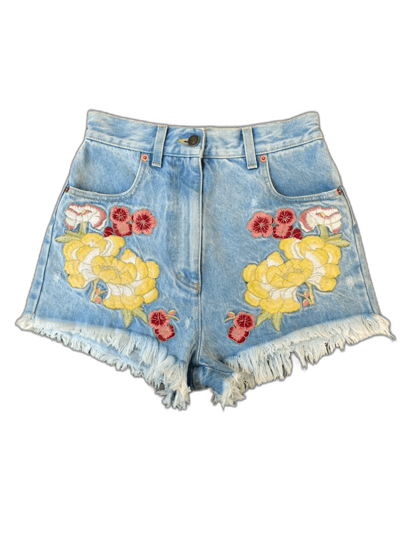 Gucci Floral Embroidered Denim Shorts Size 24-2506
