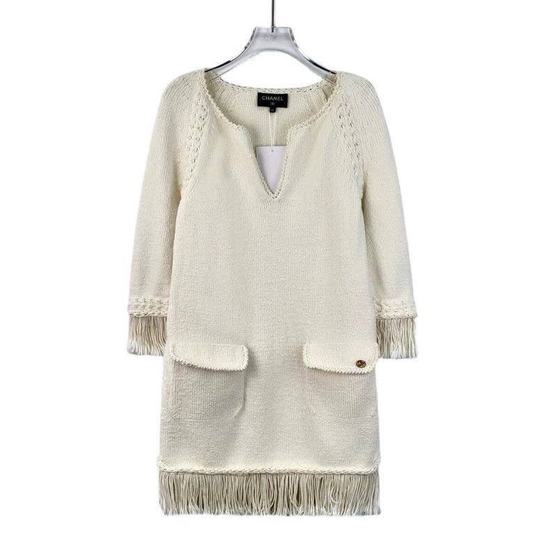Chanel Chanel Beige cotton V-neck long-sleeved tassel knitted dre Size S / US 4 / IT 40 - 1 Thumbnail