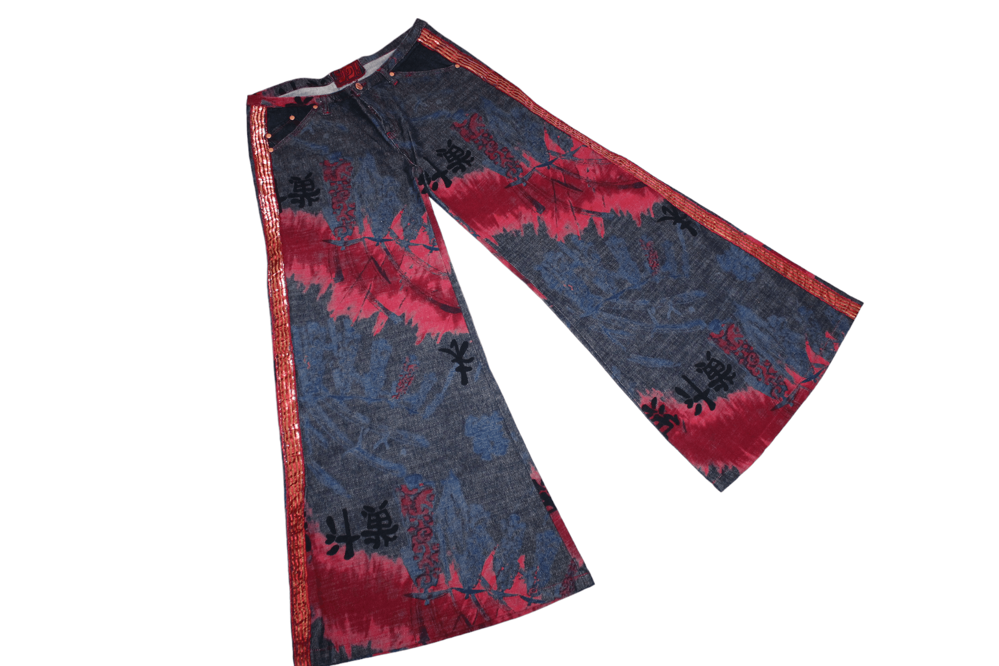 If Six Was Nine 💥YO! Japan Artwork Gold Taped Trim Crazy Flared Rap Jeans Size US 32 / EU 48 - 5 Thumbnail