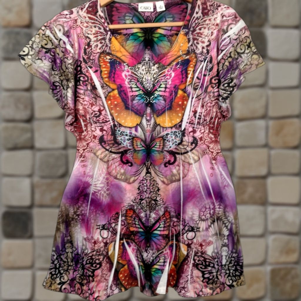 Vintage VINTAGE Cato Butterfly Shirt M Purple Tie Dye Graphic Flutter Sleeves Women T-Shirt Bling Rhinestones Size M / US 6-8 / IT 42-44 - 1 Thumbnail