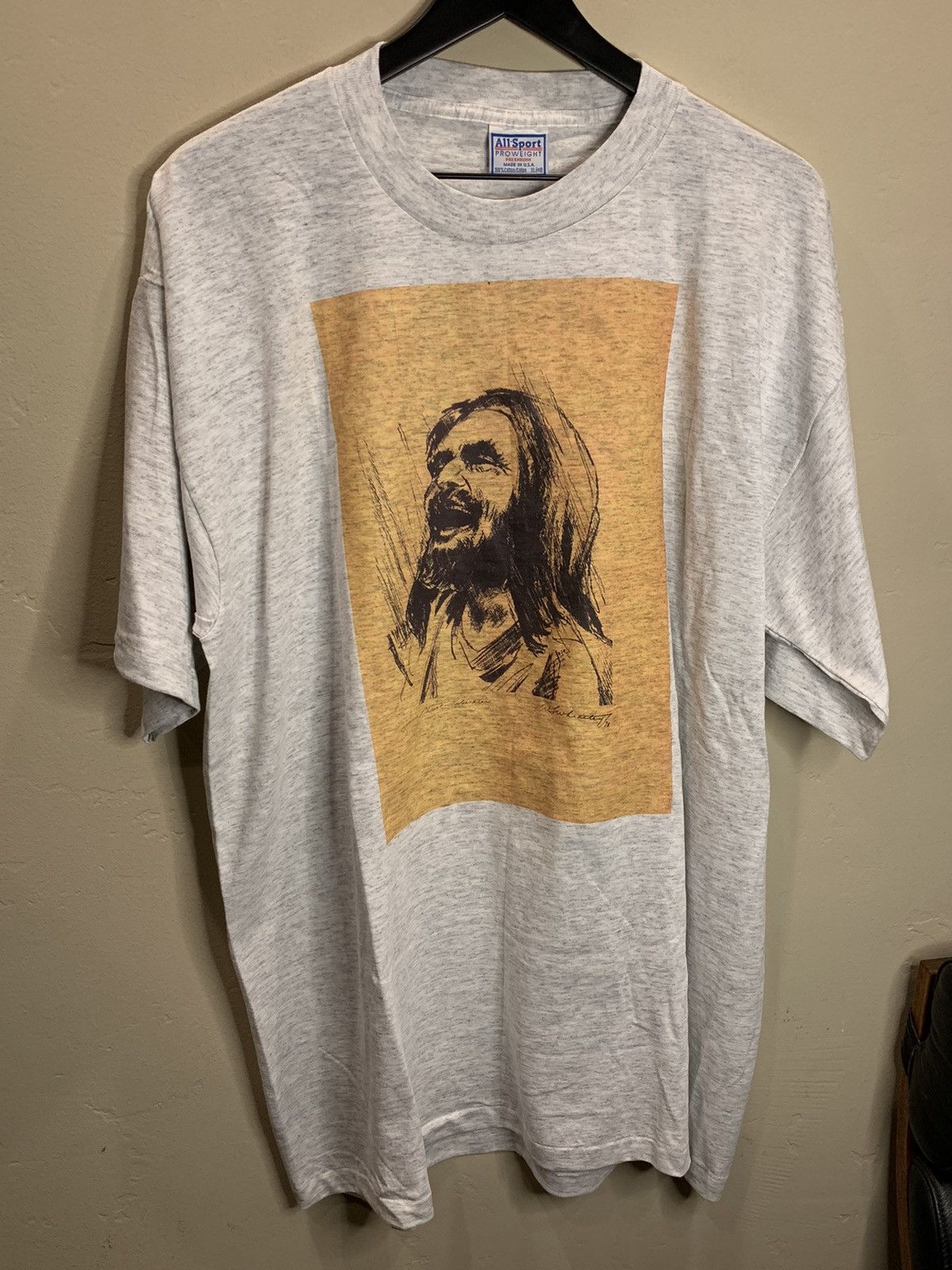 image of Art Vintage Jesus Laughter Allsport Single Stitch T-Shirt in Gray, Men's (Size XL)