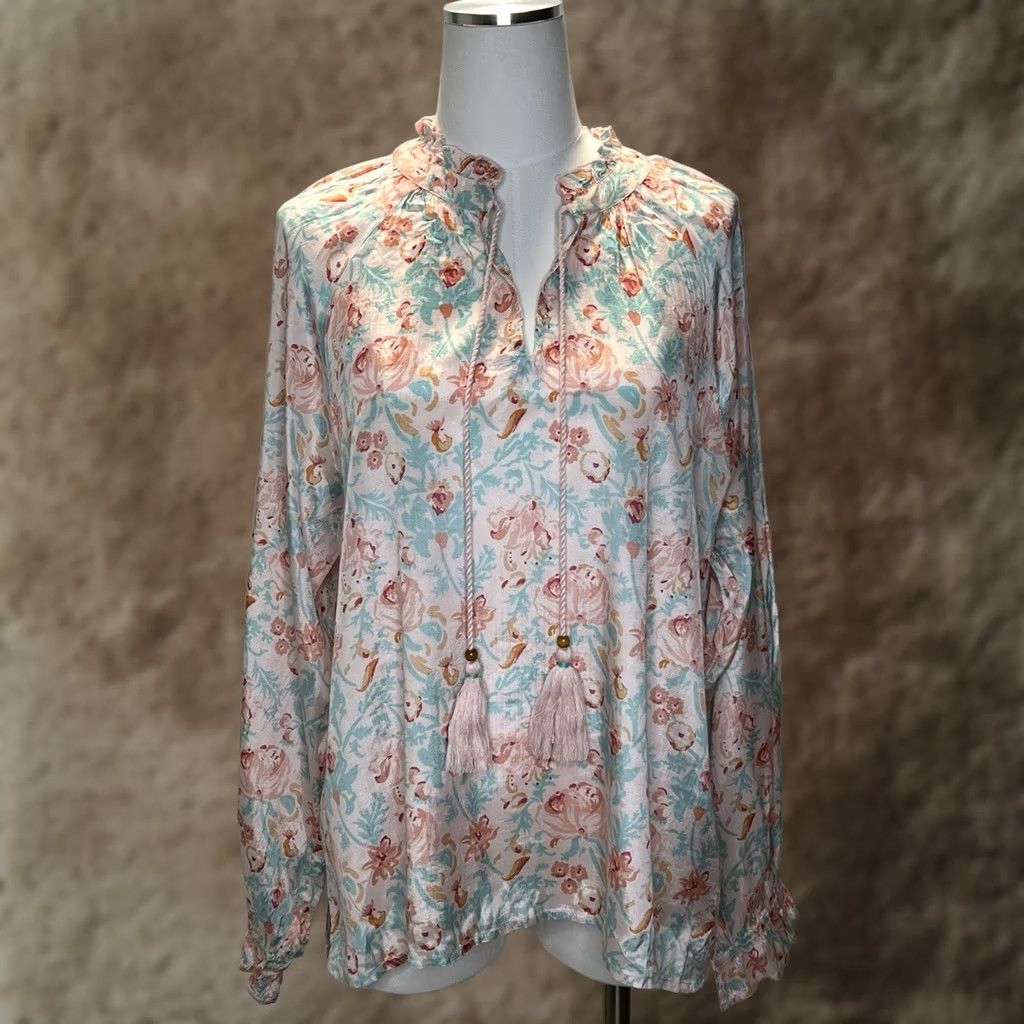 Vintage Roller Rabbit Floral Viscose V-neck Top Pink Blue - Size L - Blouse - Womens Size L / US 10 / IT 46 - 1 Thumbnail