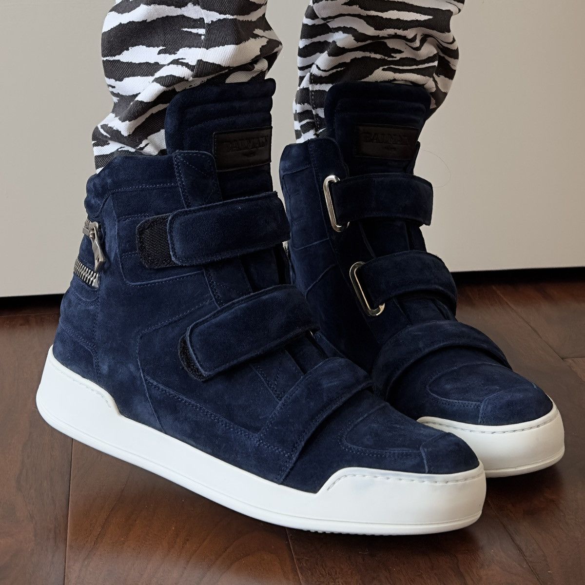 Balmain Balmain Blue Suede Velcro Strap High-Top Sneakers Size US 10 / EU 43 - 1 Thumbnail