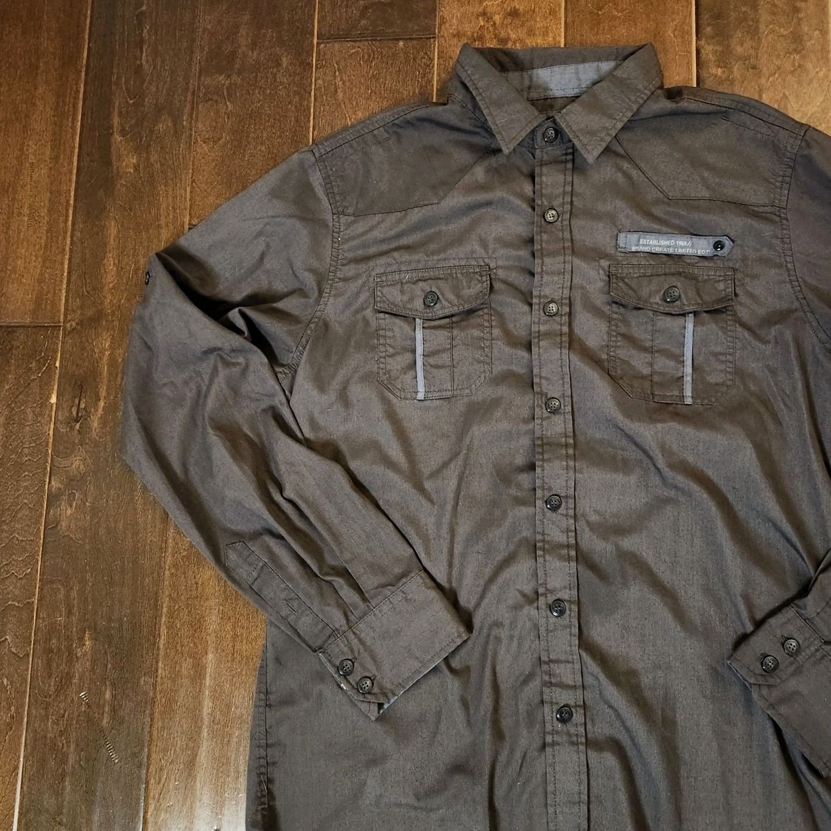 Vintage LR Scoop New York Men's Gray Blue Pocket Long Sleeve Button Up Dress Shirt L Size Gray Cotton Polyester Shirt Men موقع? Size 42R - 5 Thumbnail