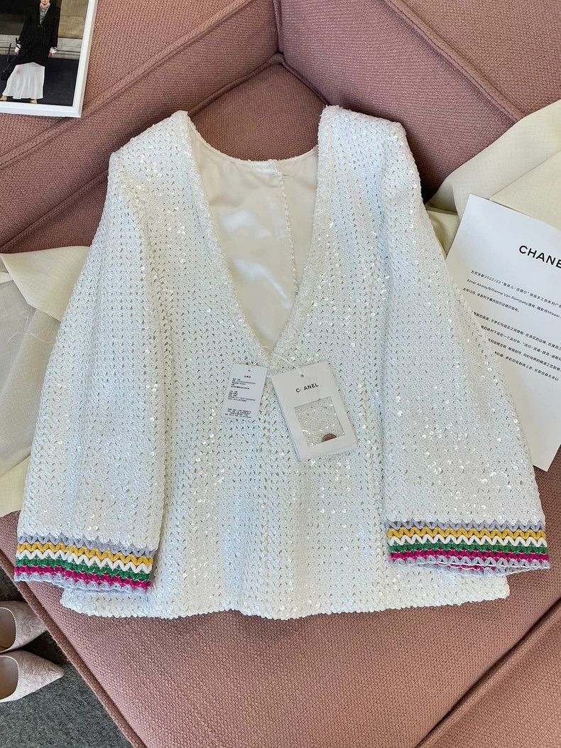 Chanel Chanel 22S white sequin color sleeve heavy industry jacket Size XXS / US 00 / IT 34 - 5 Thumbnail
